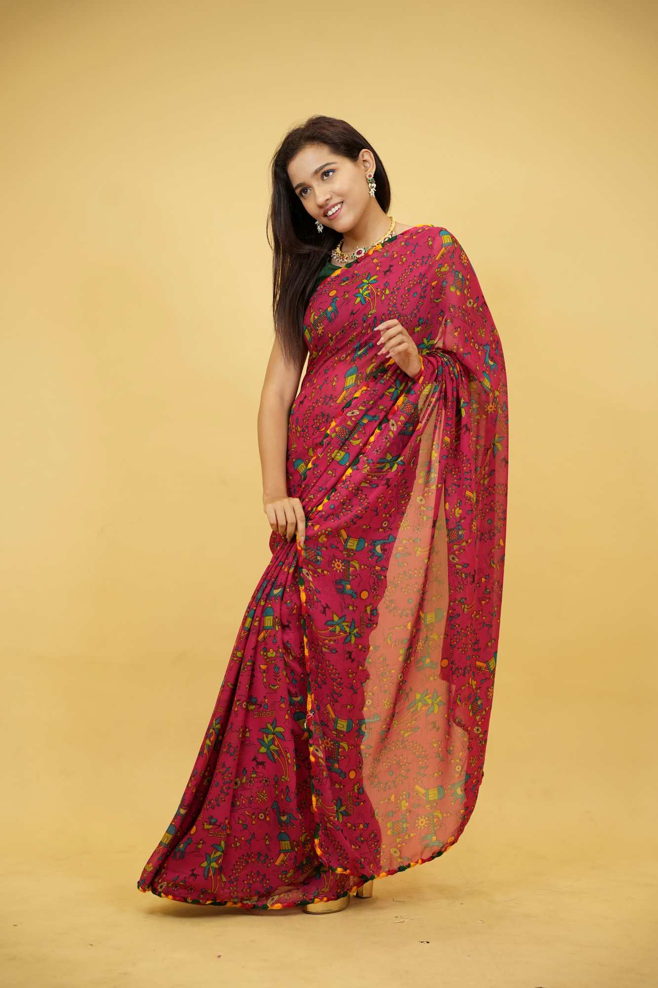 Georgette with Rajasthani Folk Motifs Ready To Wear Saree