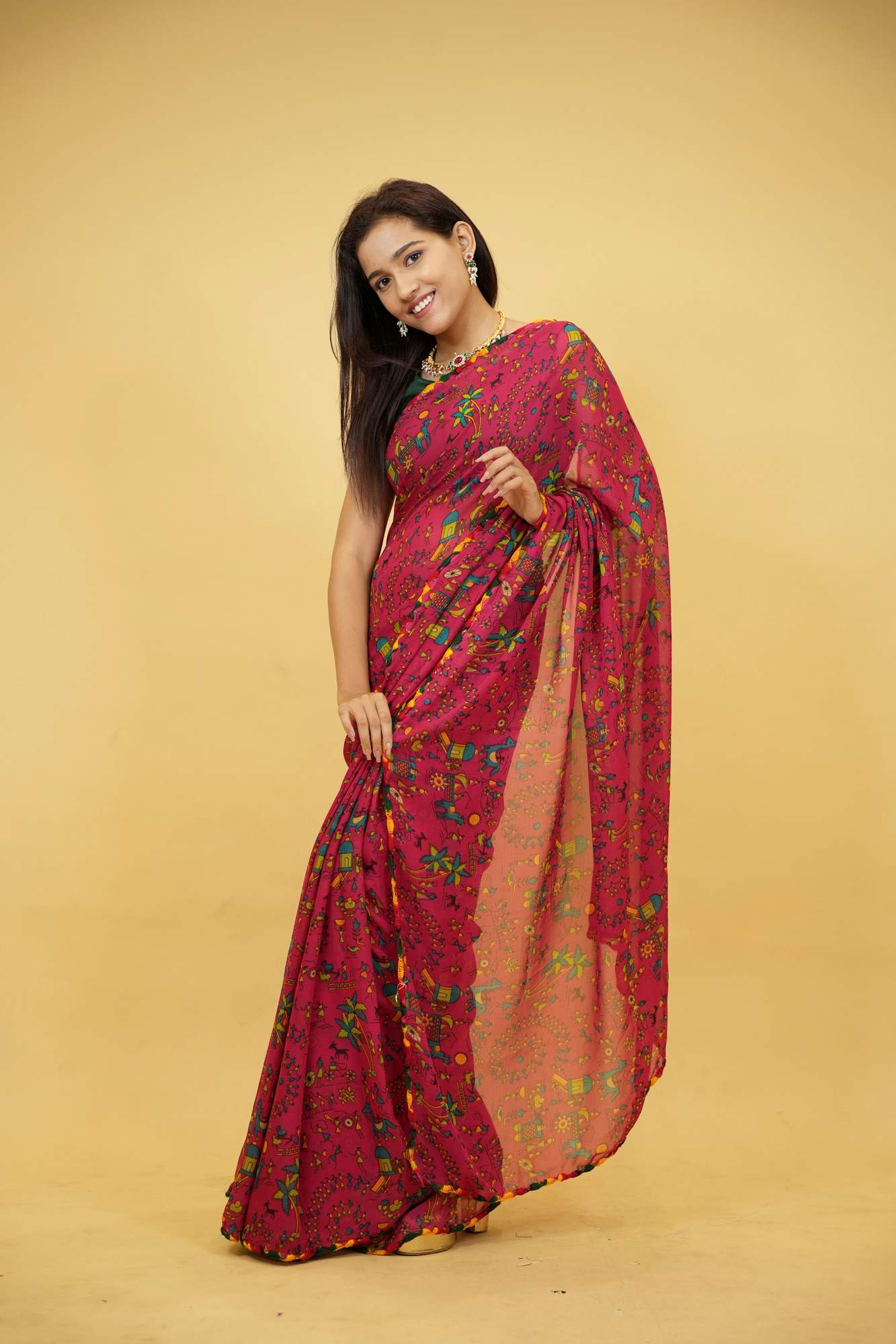 Georgette with Rajasthani Folk Motifs Ready To Wear Saree
