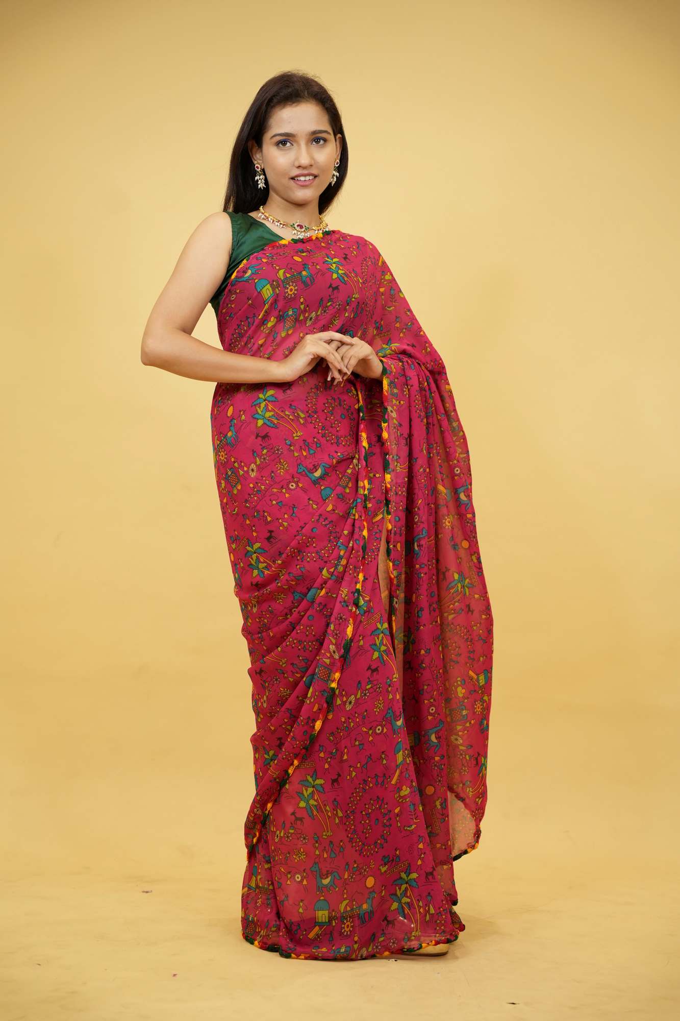 Georgette with Rajasthani Folk Motifs Ready To Wear Saree