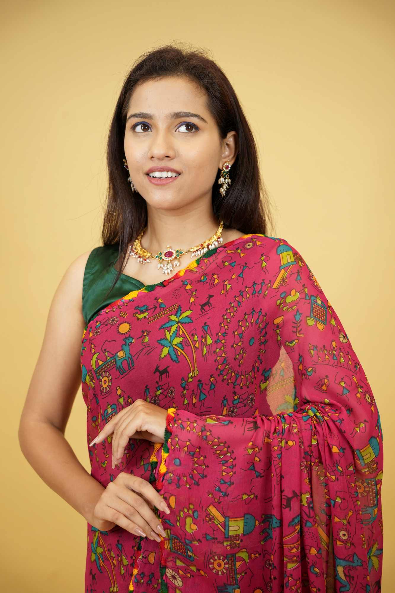 Georgette with Rajasthani Folk Motifs Ready To Wear Saree