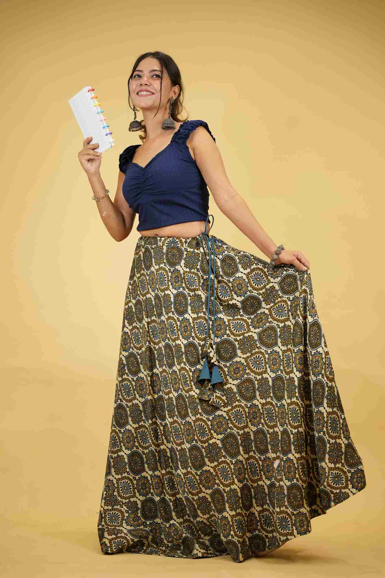 Bohemian Block Print Mashru Silk with Lining Flared Skirt