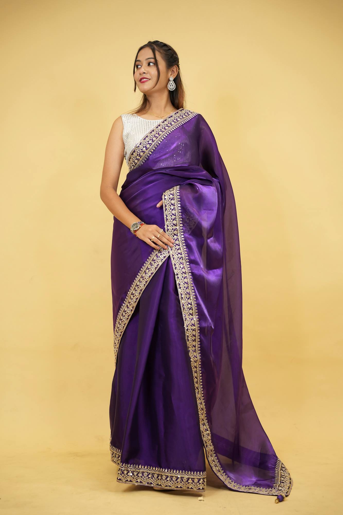 Cotton Organza Crepe Royal Purple with Zari Embroidery Ready To Wear Saree with ready halter blouse