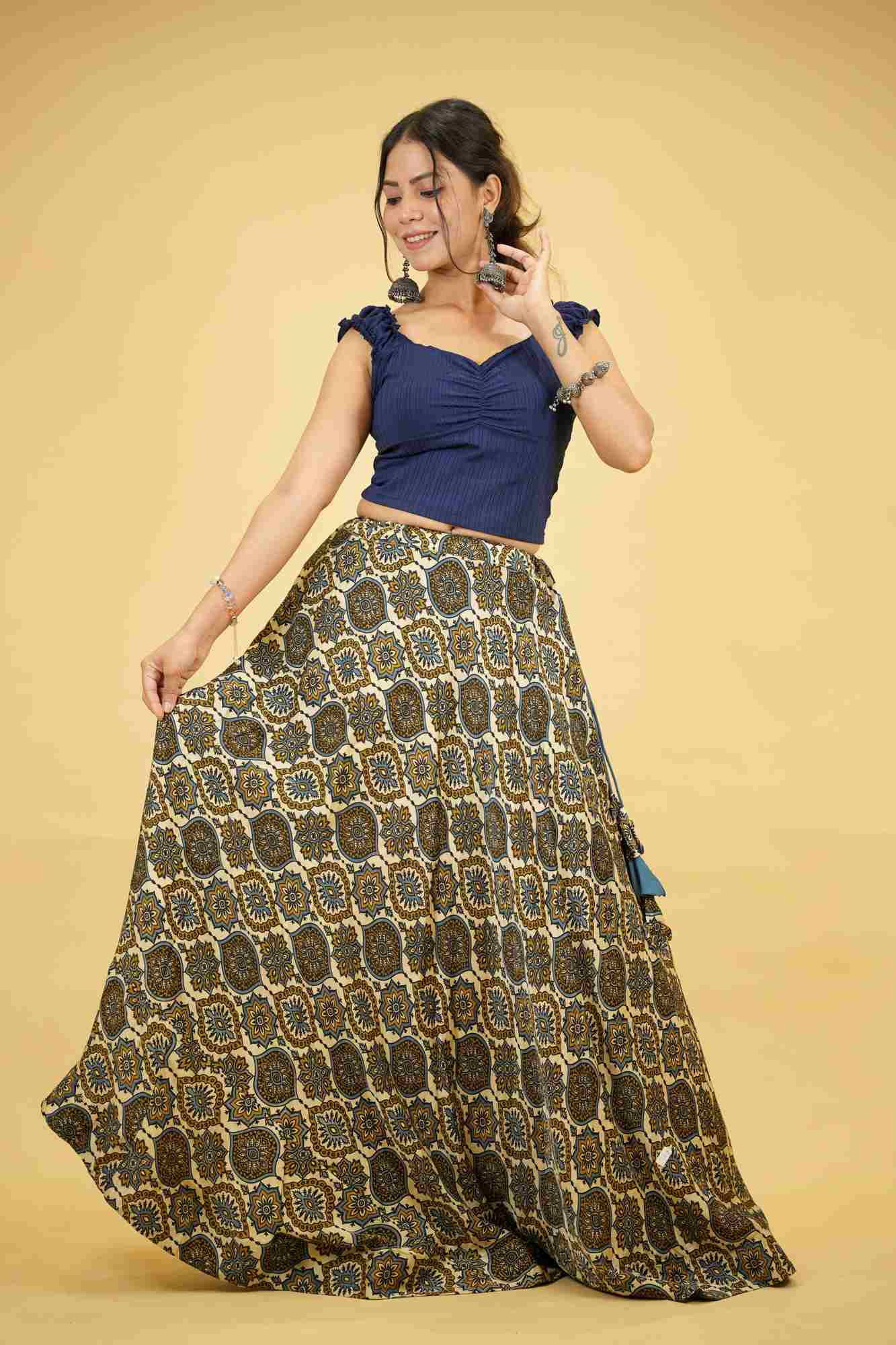 Bohemian Block Print Mashru Silk with Lining Flared Skirt