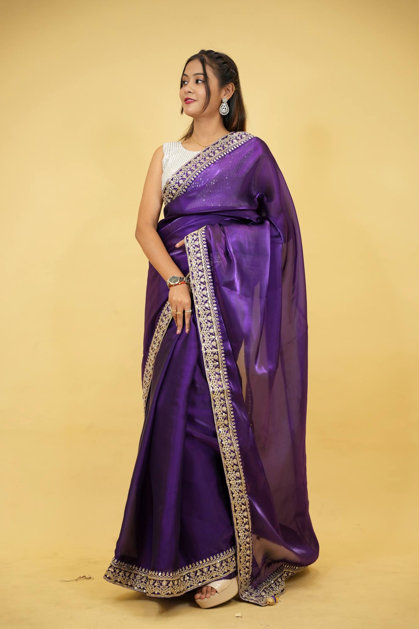Cotton Organza Crepe Royal Purple with Zari Embroidery Ready To Wear Saree with ready halter blouse