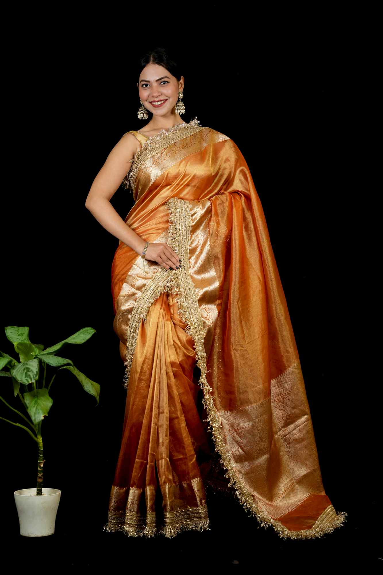 Beautiful Banarasi Tissue Silk with designer Lace Border & floral weaving Ready To Wear Saree