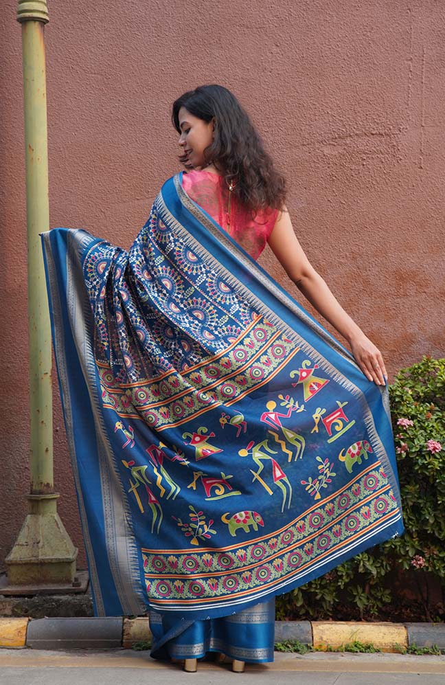 Ready to wear Blue Dola Silk Ethnic Motif Kalamkari Printed All Over  Wrap in 1 minute saree