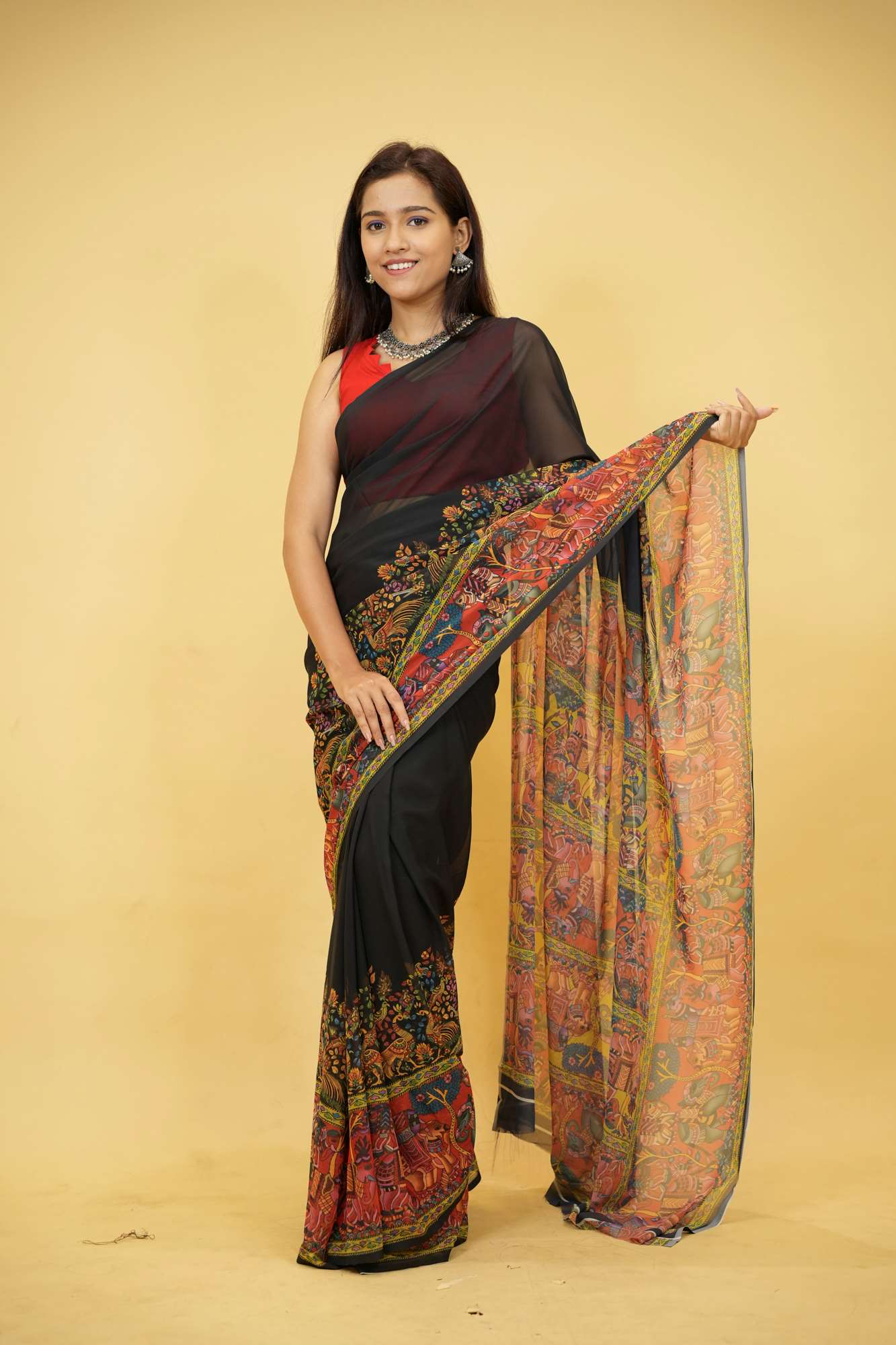 Soft Georgette with intricate floral & animal motif print prestitched ready to wear saree