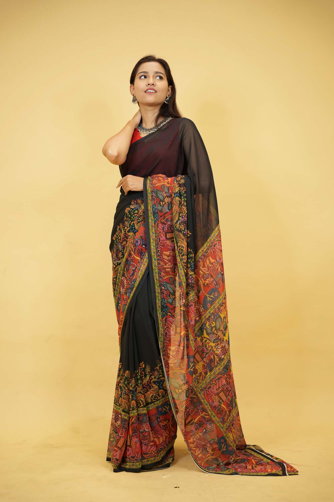 Soft Georgette with intricate floral & animal motif print prestitched ready to wear saree
