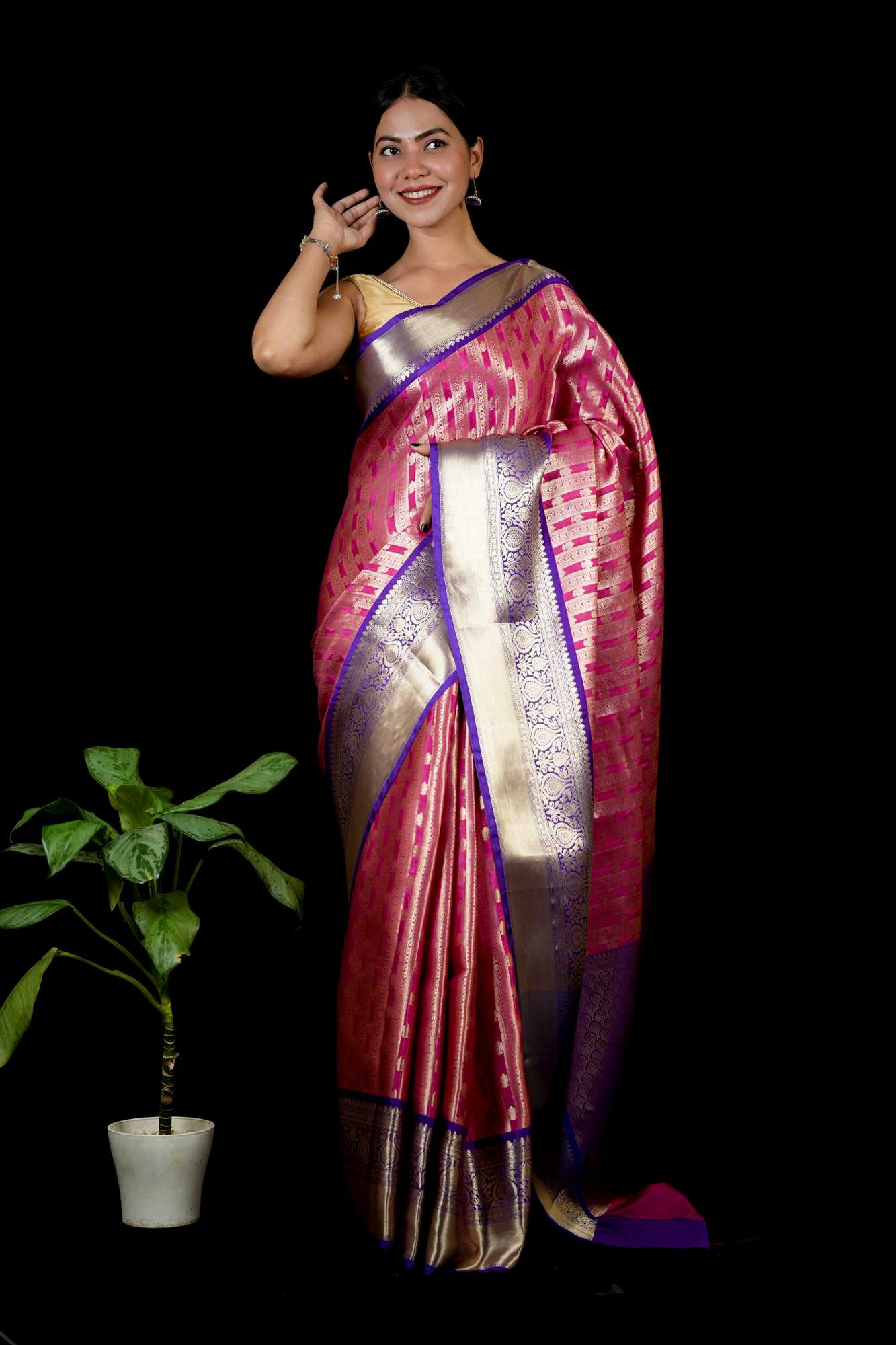 Banarasi with Golden Zari Motif weave and Grand Pallu Ready To Wear Saree