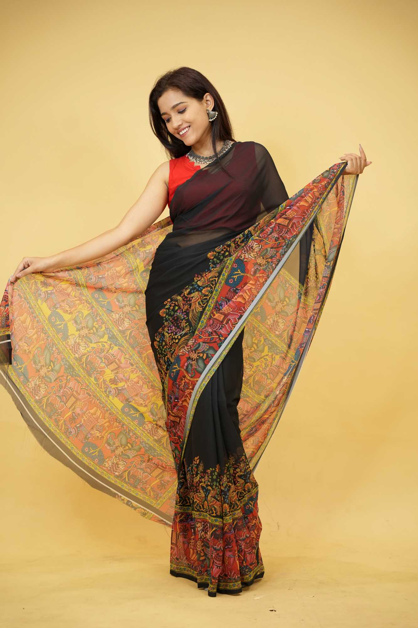 Soft Georgette with intricate floral & animal motif print prestitched ready to wear saree