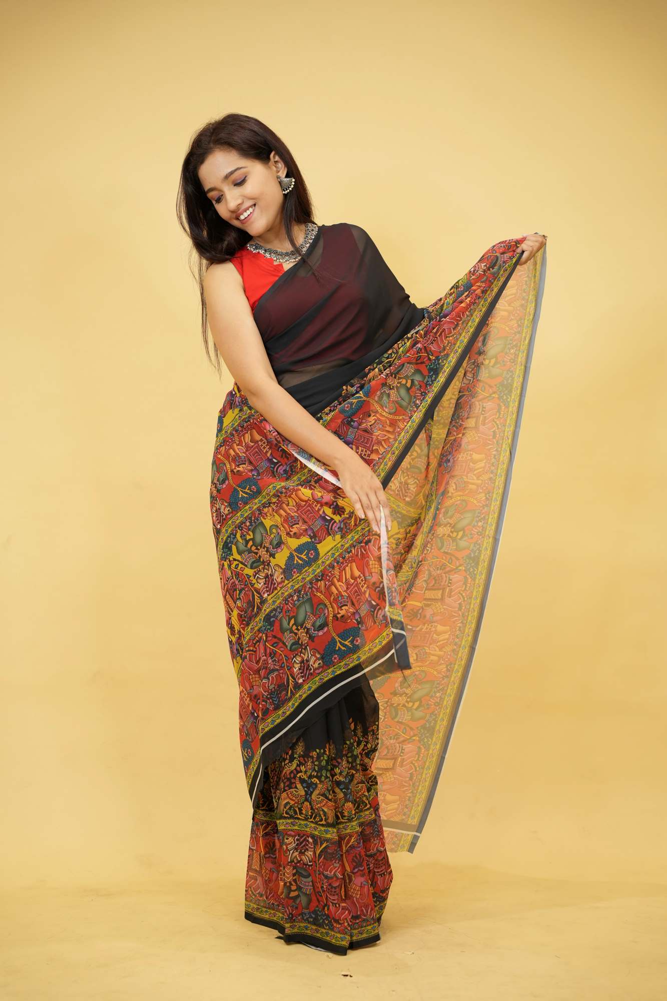 Soft Georgette with intricate floral & animal motif print prestitched ready to wear saree
