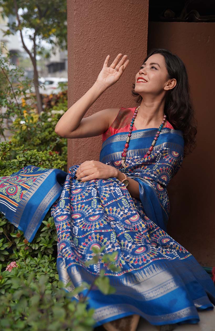 Ready to wear Blue Dola Silk Ethnic Motif Kalamkari Printed All Over  Wrap in 1 minute saree