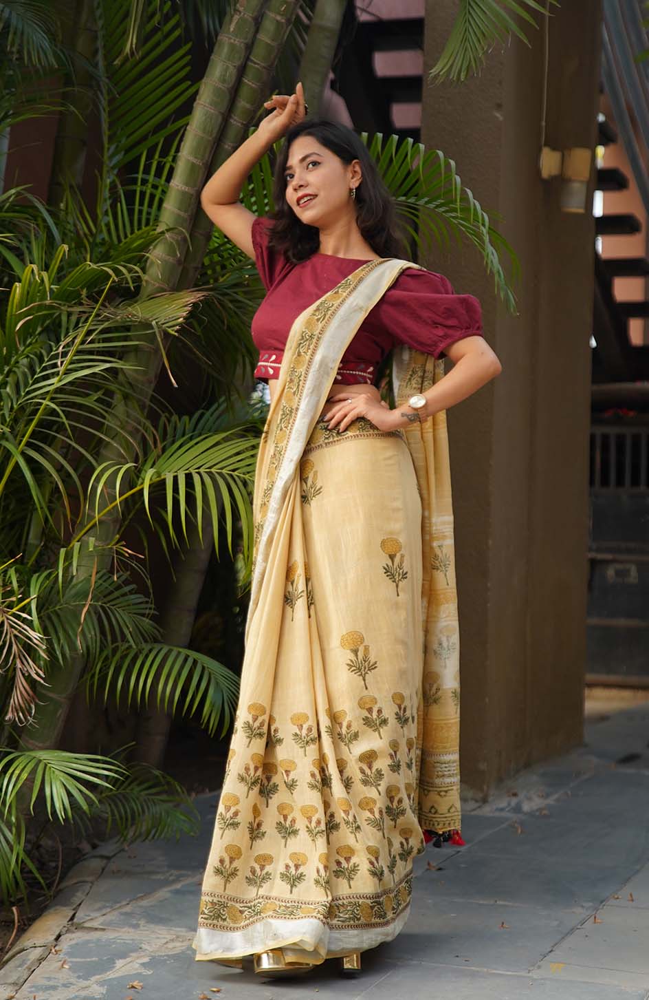 Ready To Wear Beige Soft Linen Cotton With Floral Printed& Tassels on Pallu  Wrap in 1 minute saree