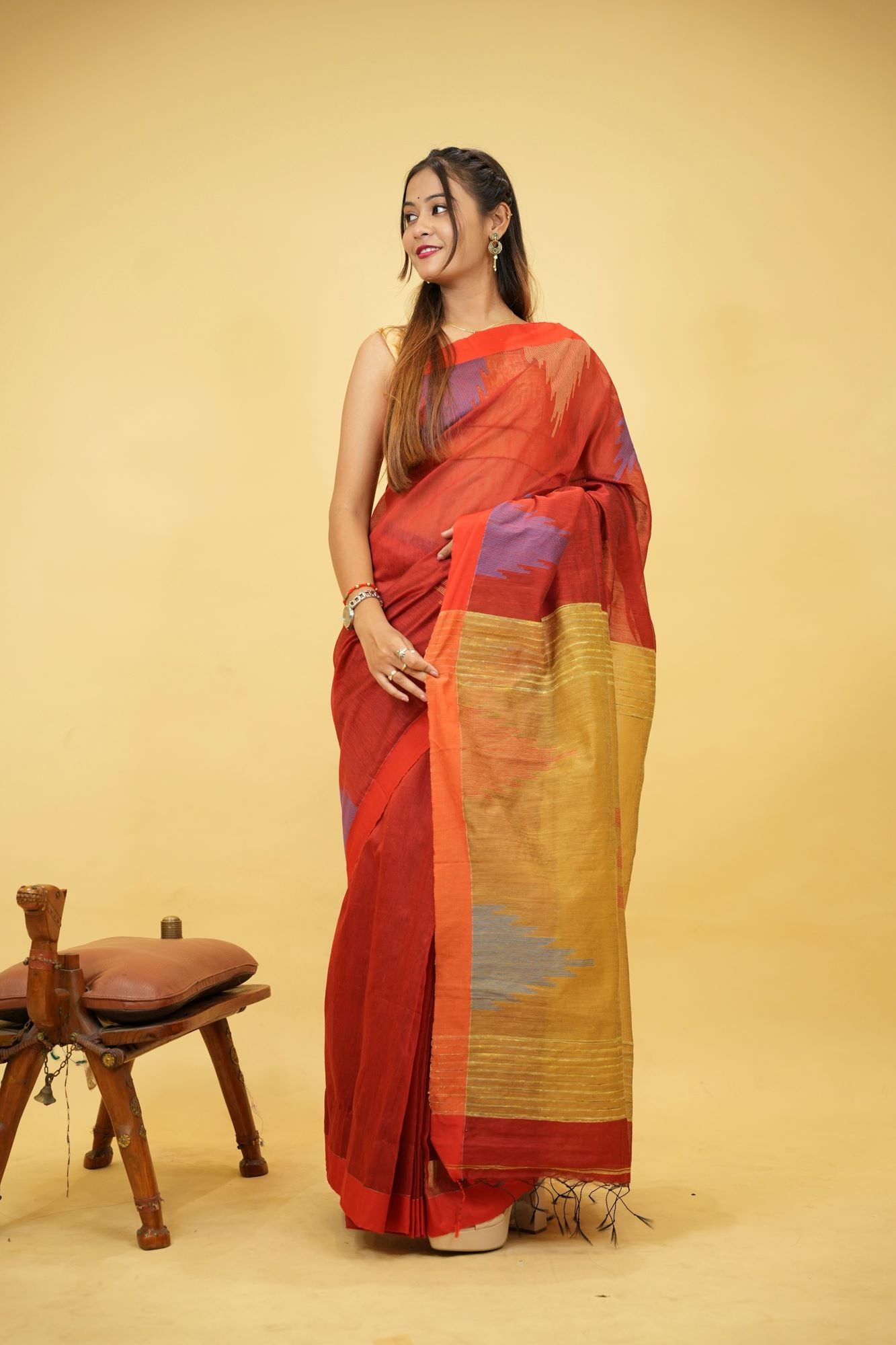 Cotton Silk Handloom with Temple Border & Box Weave Ready To Wear Saree
