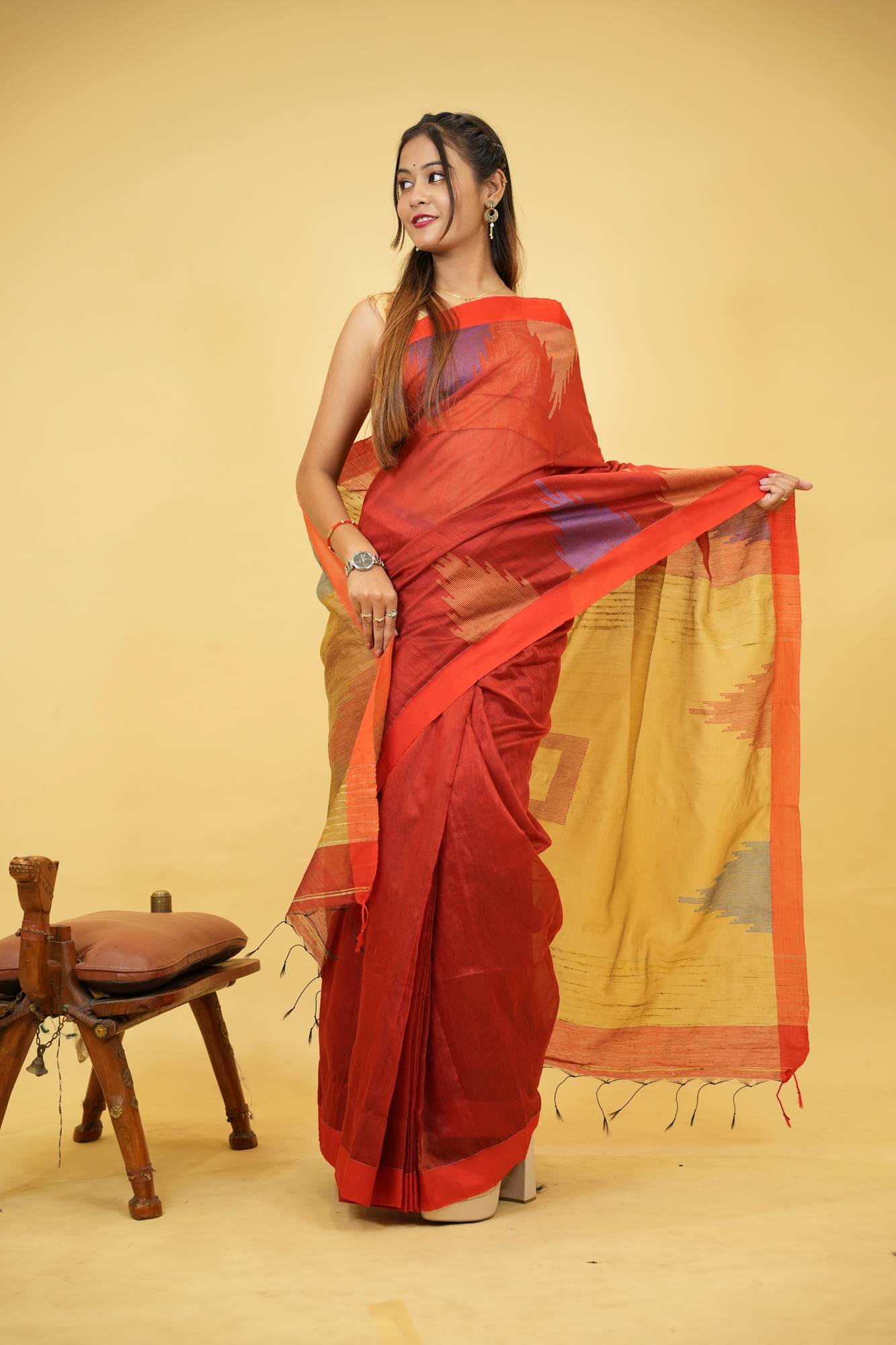 Cotton Silk Handloom with Temple Border & Box Weave Ready To Wear Saree