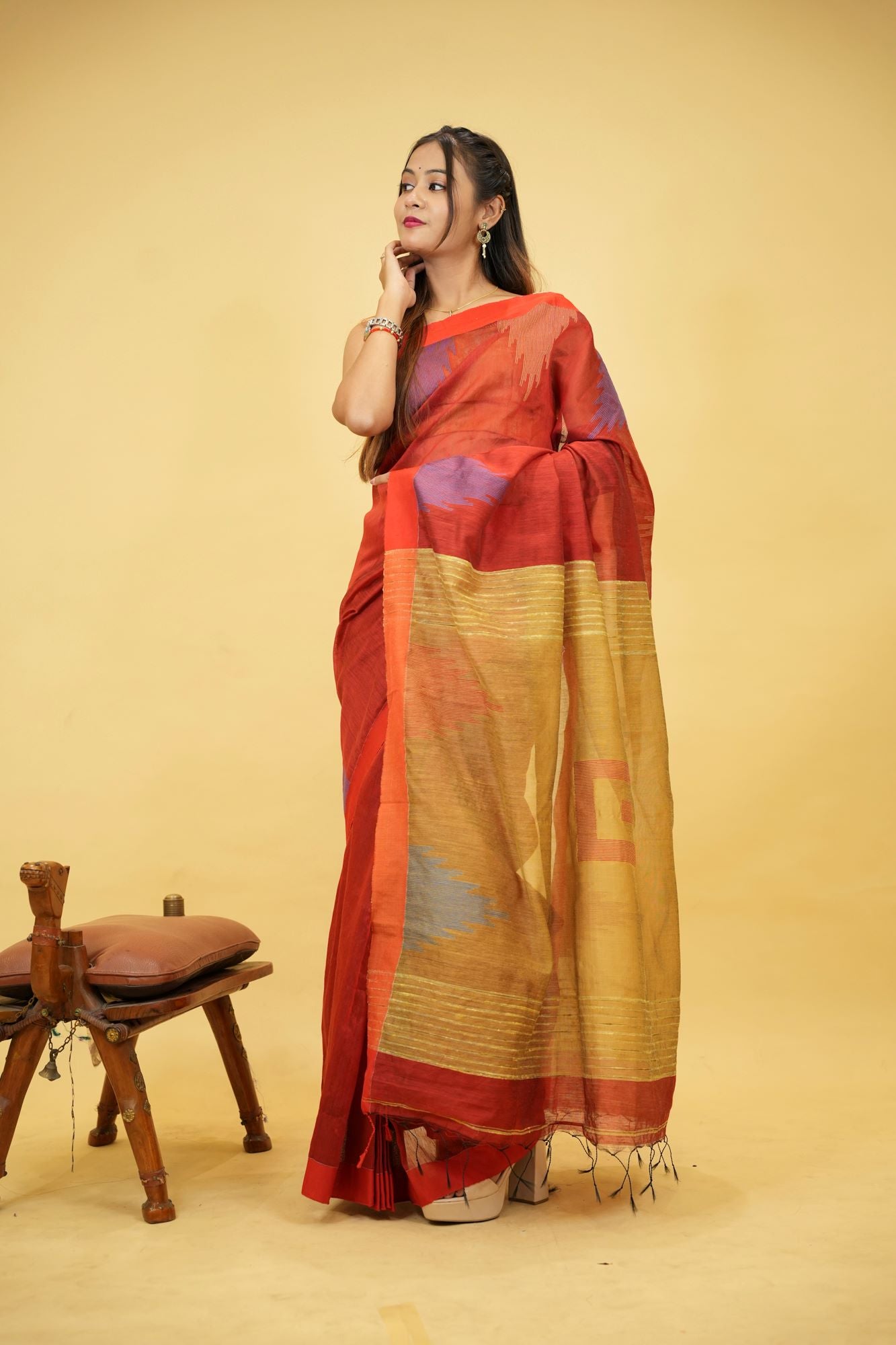 Cotton Silk Handloom with Temple Border & Box Weave Ready To Wear Saree