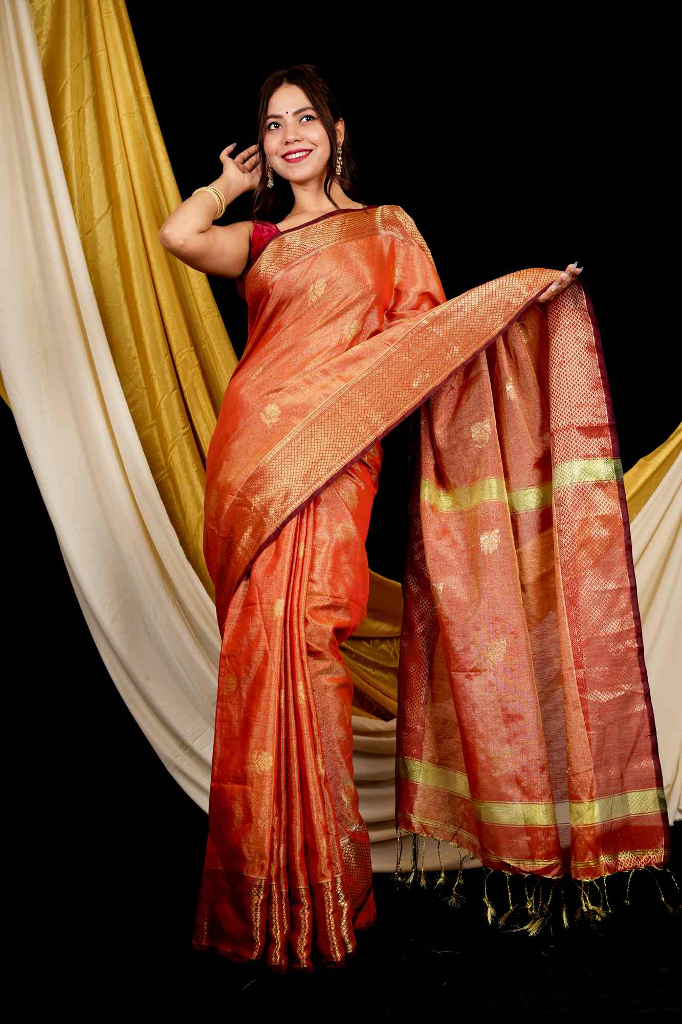 Maheshwari Cotton Silk All Over  Buta Zari Work Border Ready To Wear Saree