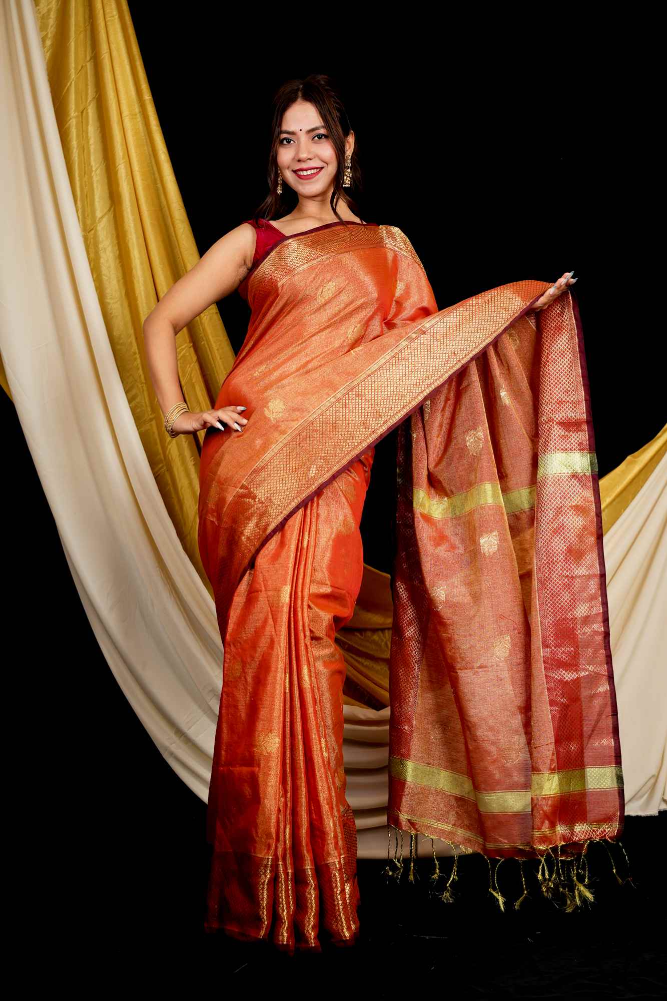 Maheshwari Cotton Silk All Over  Buta Zari Work Border Ready To Wear Saree