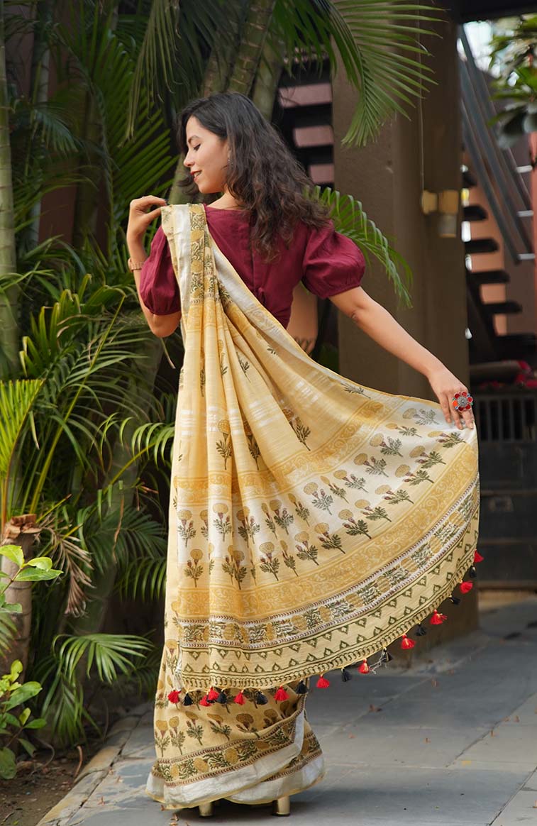 Ready To Wear Beige Soft Linen Cotton With Floral Printed& Tassels on Pallu  Wrap in 1 minute saree