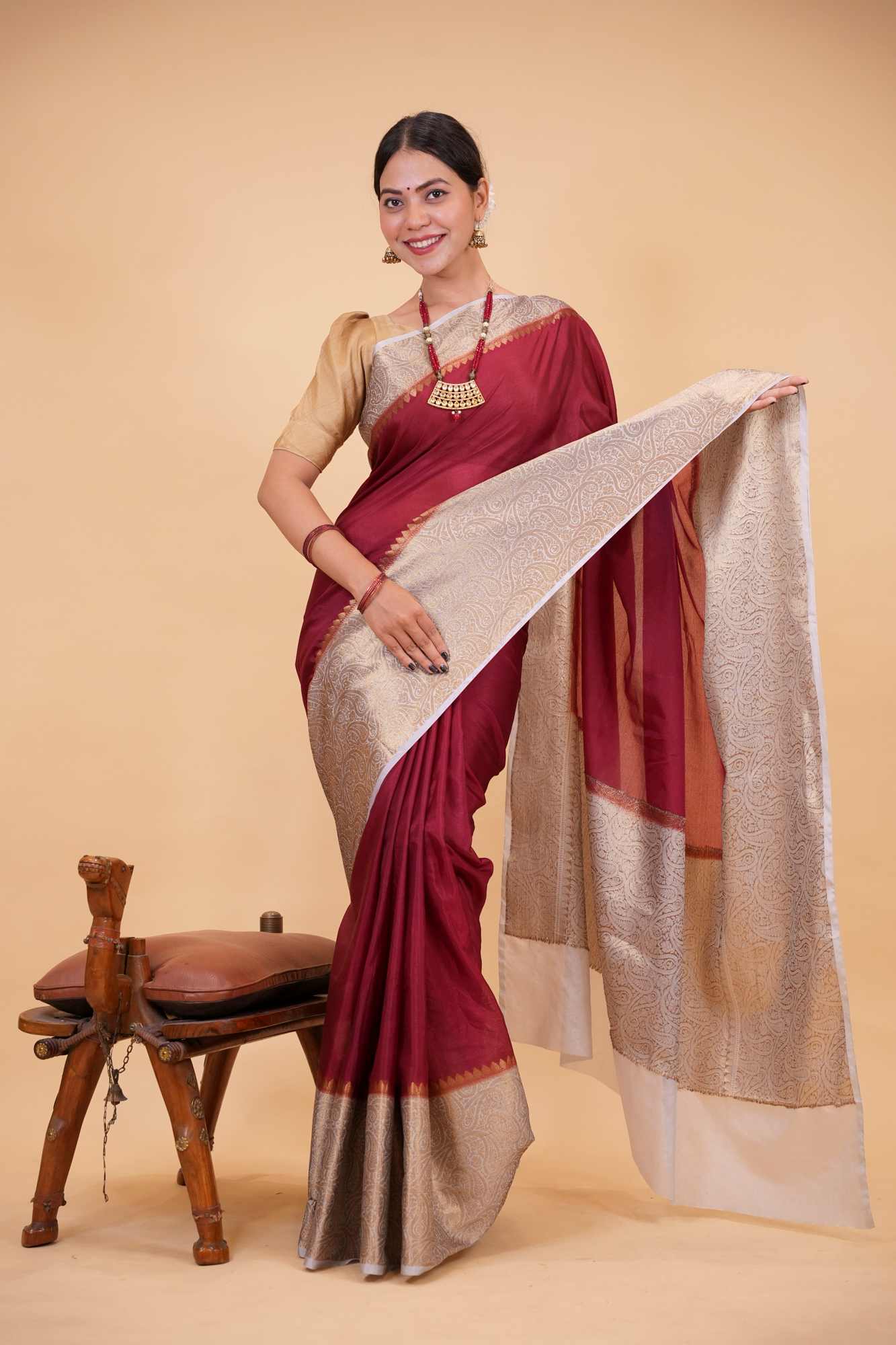 Soft Warm Silk with Intricate Zari Weaving, Broad Border & Classic Pallu Ready To Wear Saree