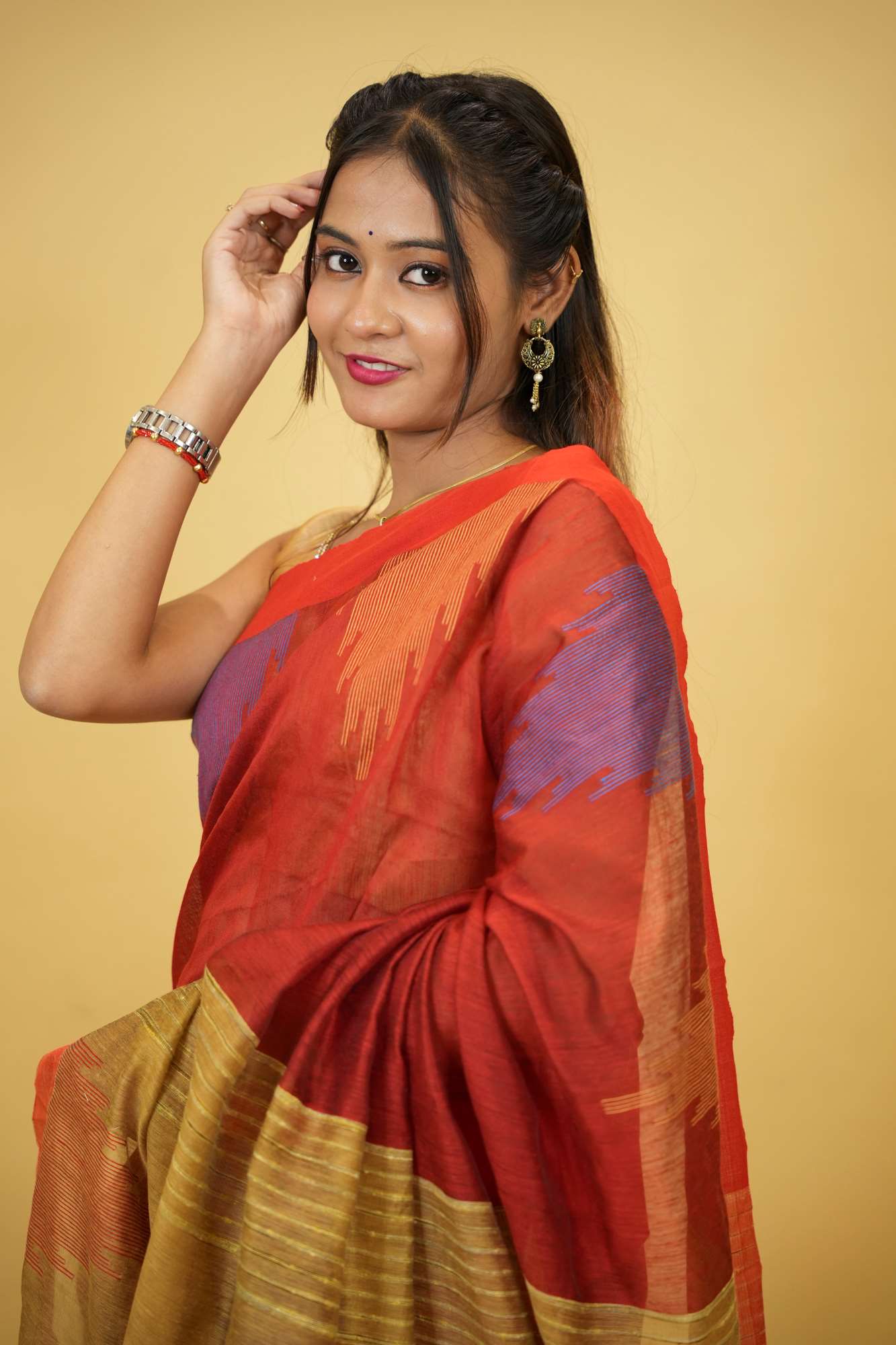 Cotton Silk Handloom with Temple Border & Box Weave Ready To Wear Saree