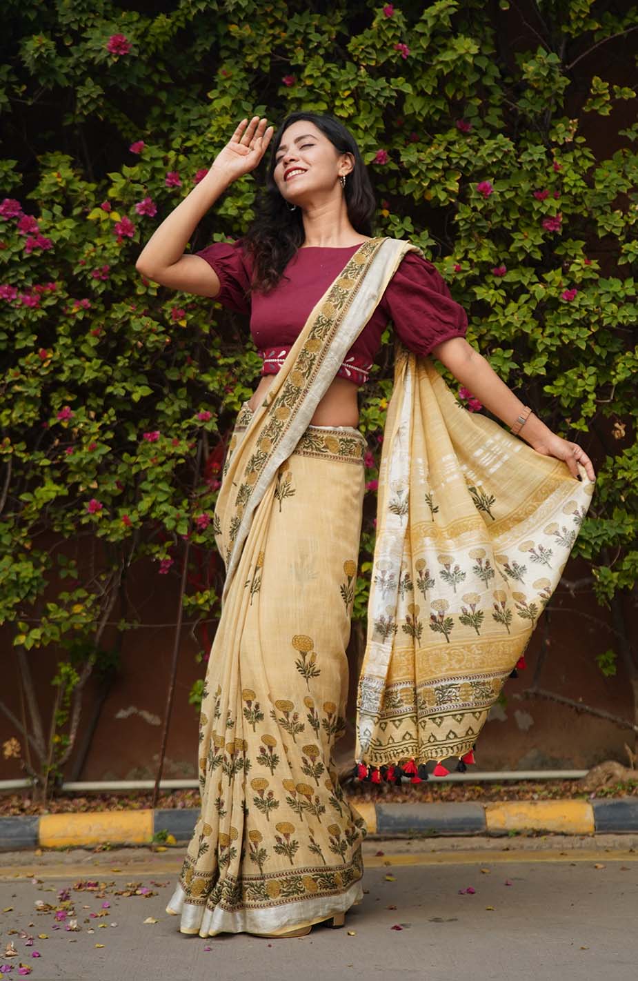 Ready To Wear Beige Soft Linen Cotton With Floral Printed & Tassels on Pallu  Wrap in 1 minute saree