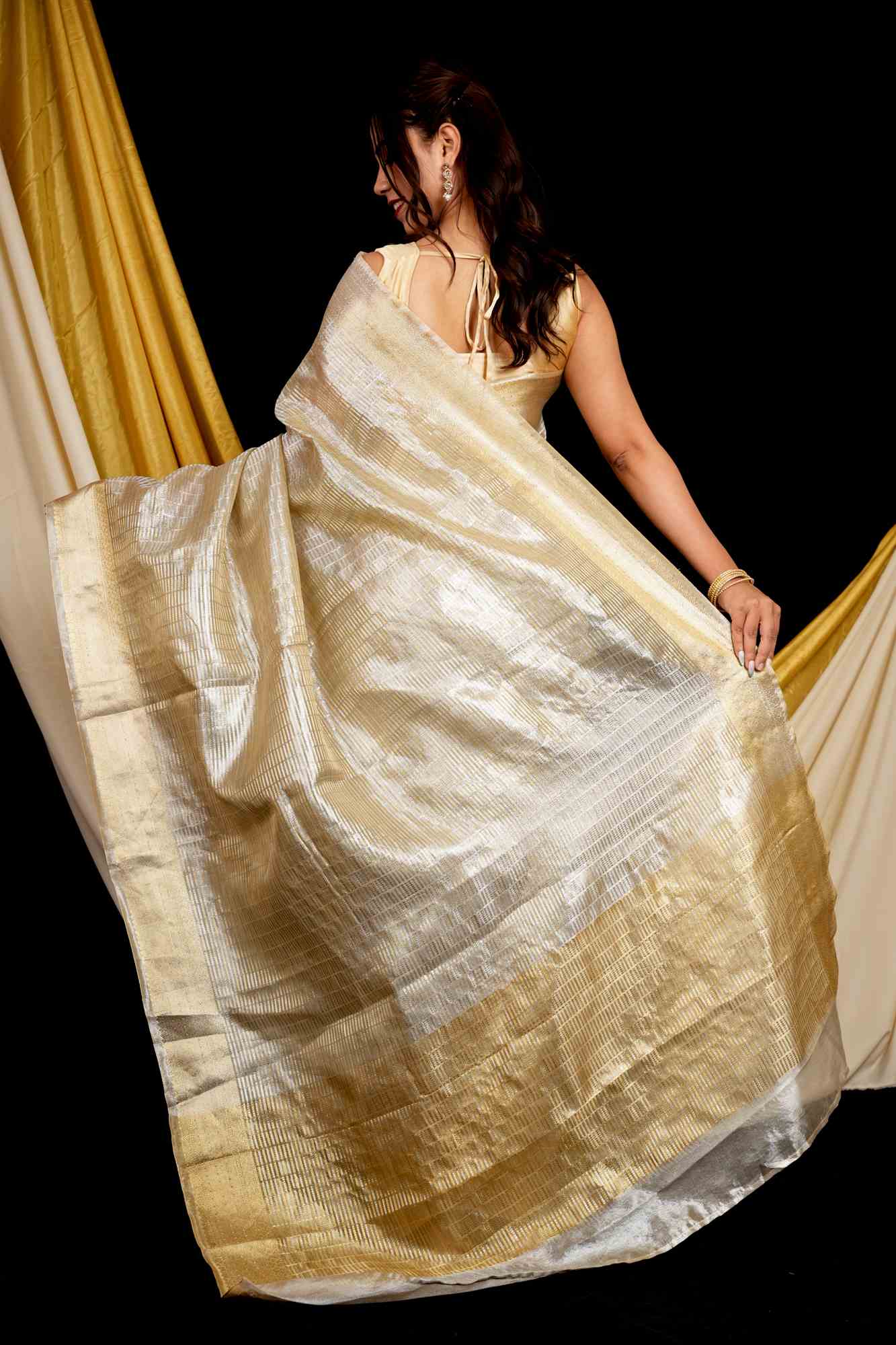 Golden Soft Tissue Silk with Geometric Patterns & Decorative Border Ready To Wear Saree