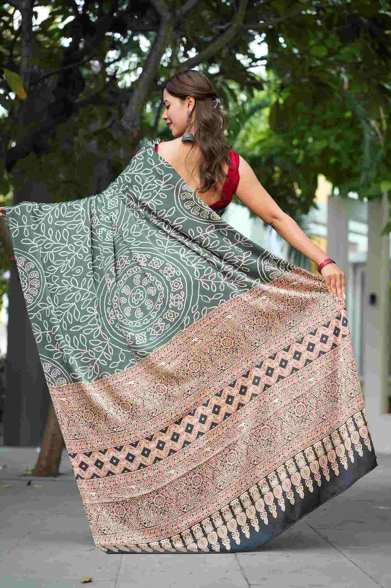 Soft Gajji with Intricate Patterns Ajrakh Detailing Ready To Wear Saree