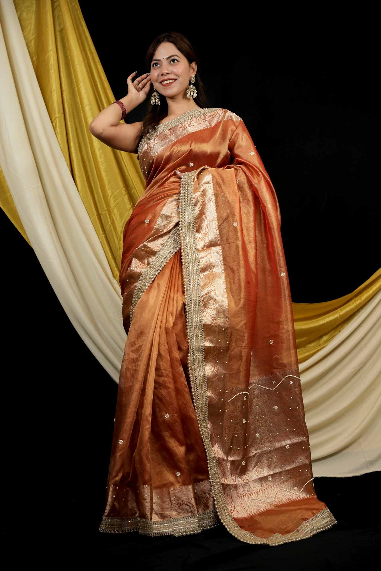 Banarasi Tissue Silk All Over Stone Work With Stone Touch Border And Pallu Ready To Wear Saree