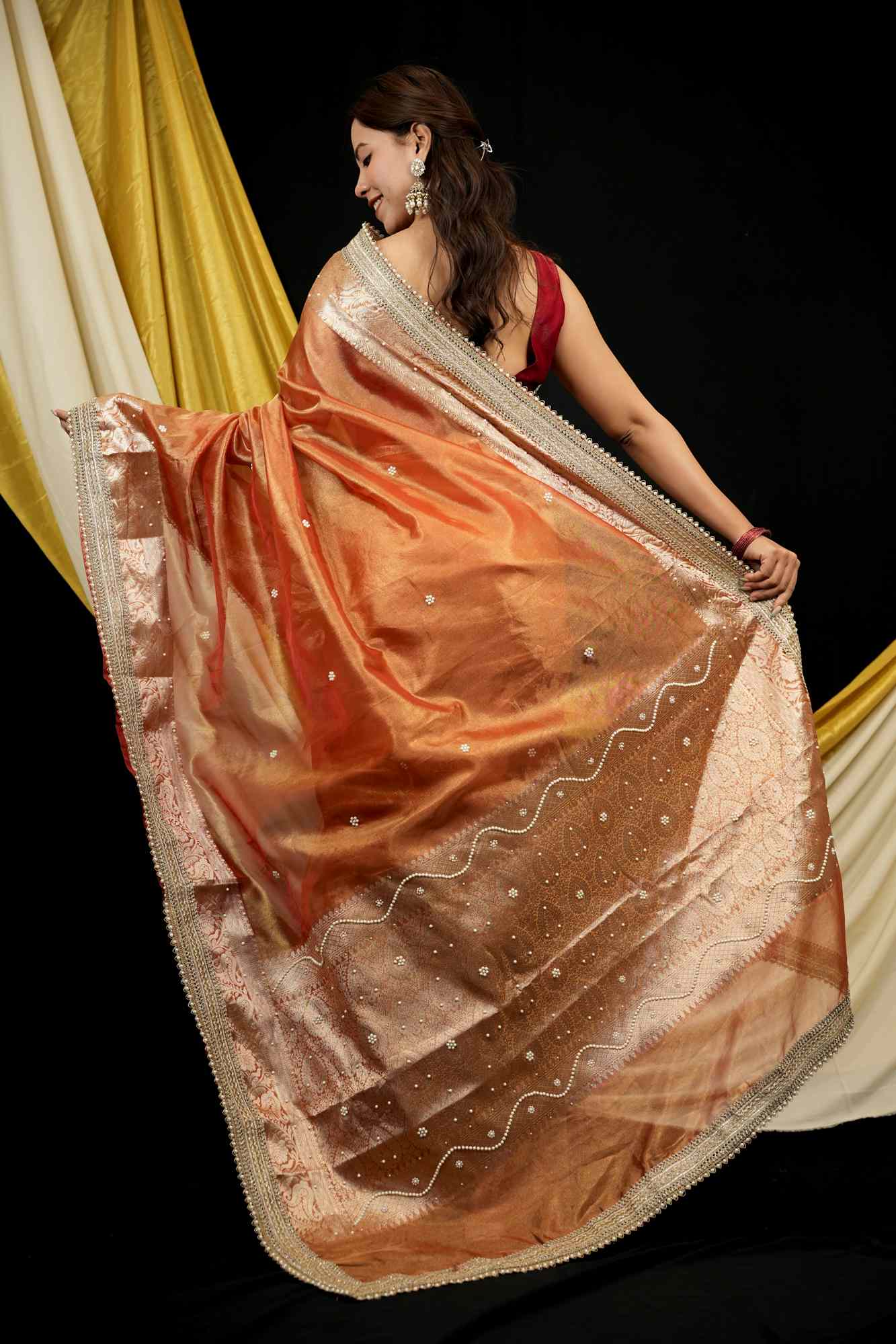 Banarasi Tissue Silk All Over Stone Work With Stone Touch Border And Pallu Ready To Wear Saree