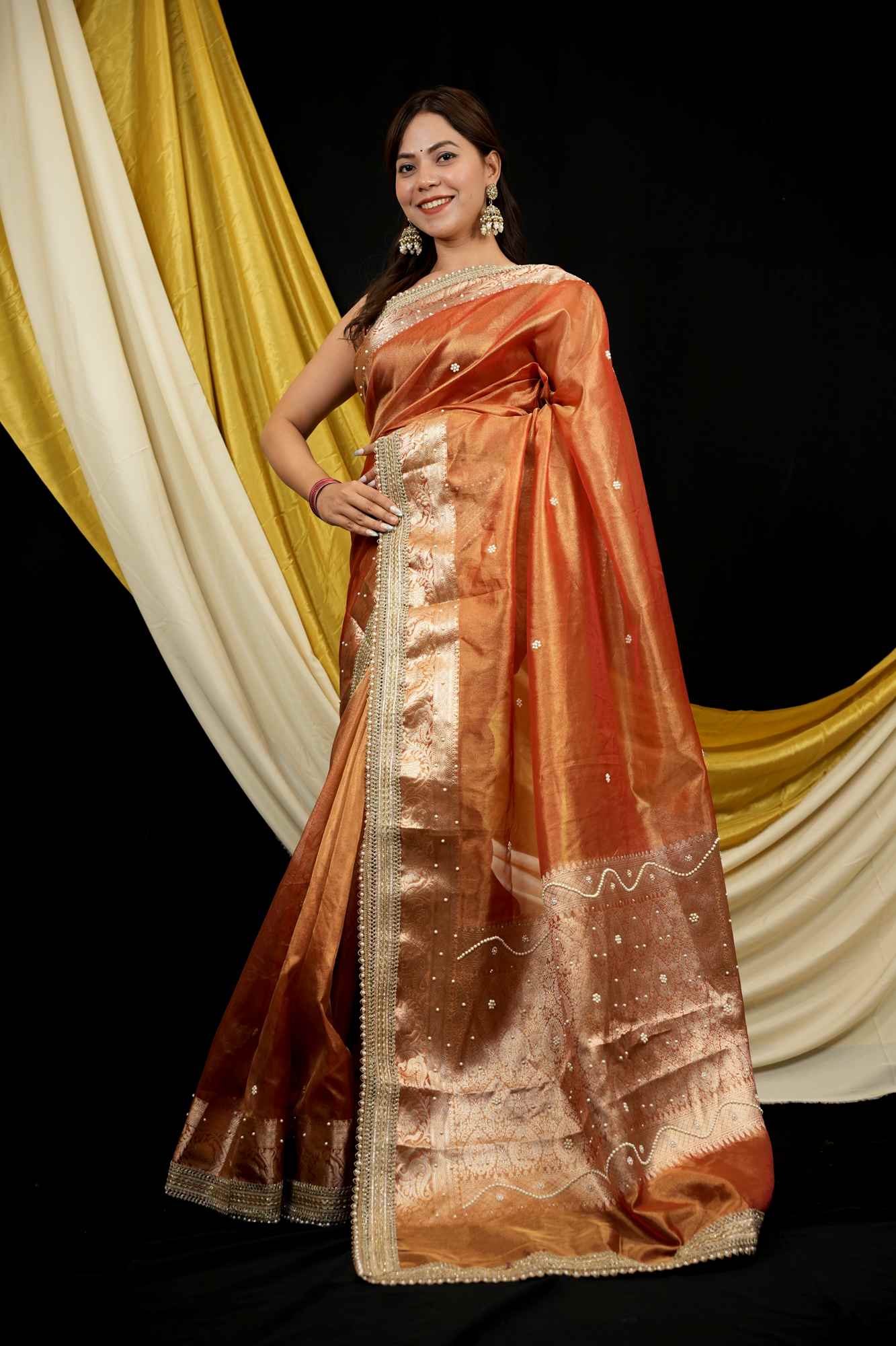 Banarasi Tissue Silk All Over Stone Work With Stone Touch Border And Pallu Ready To Wear Saree