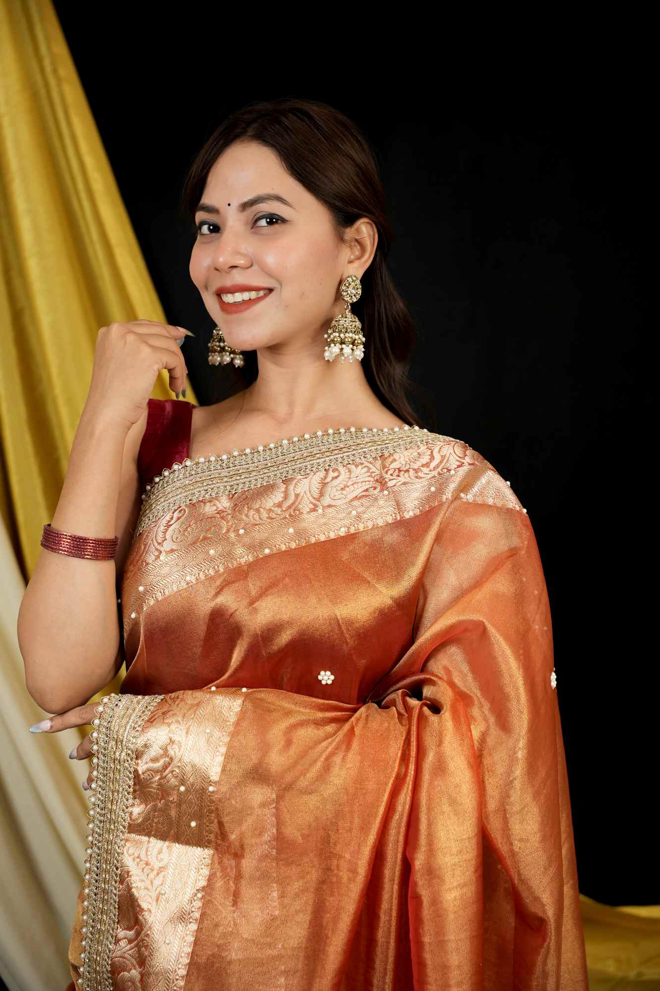 Banarasi Tissue Silk All Over Stone Work With Stone Touch Border And Pallu Ready To Wear Saree