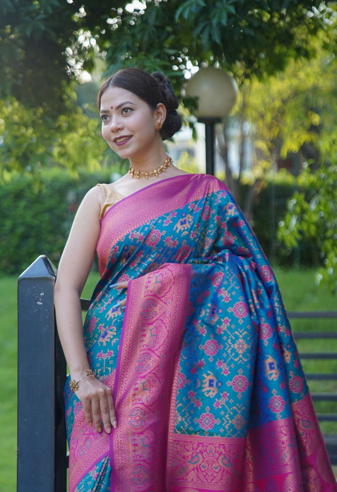 Rich Teal With Contrast Brocade Border  Overall Patola Woven Ready To Wear Saree