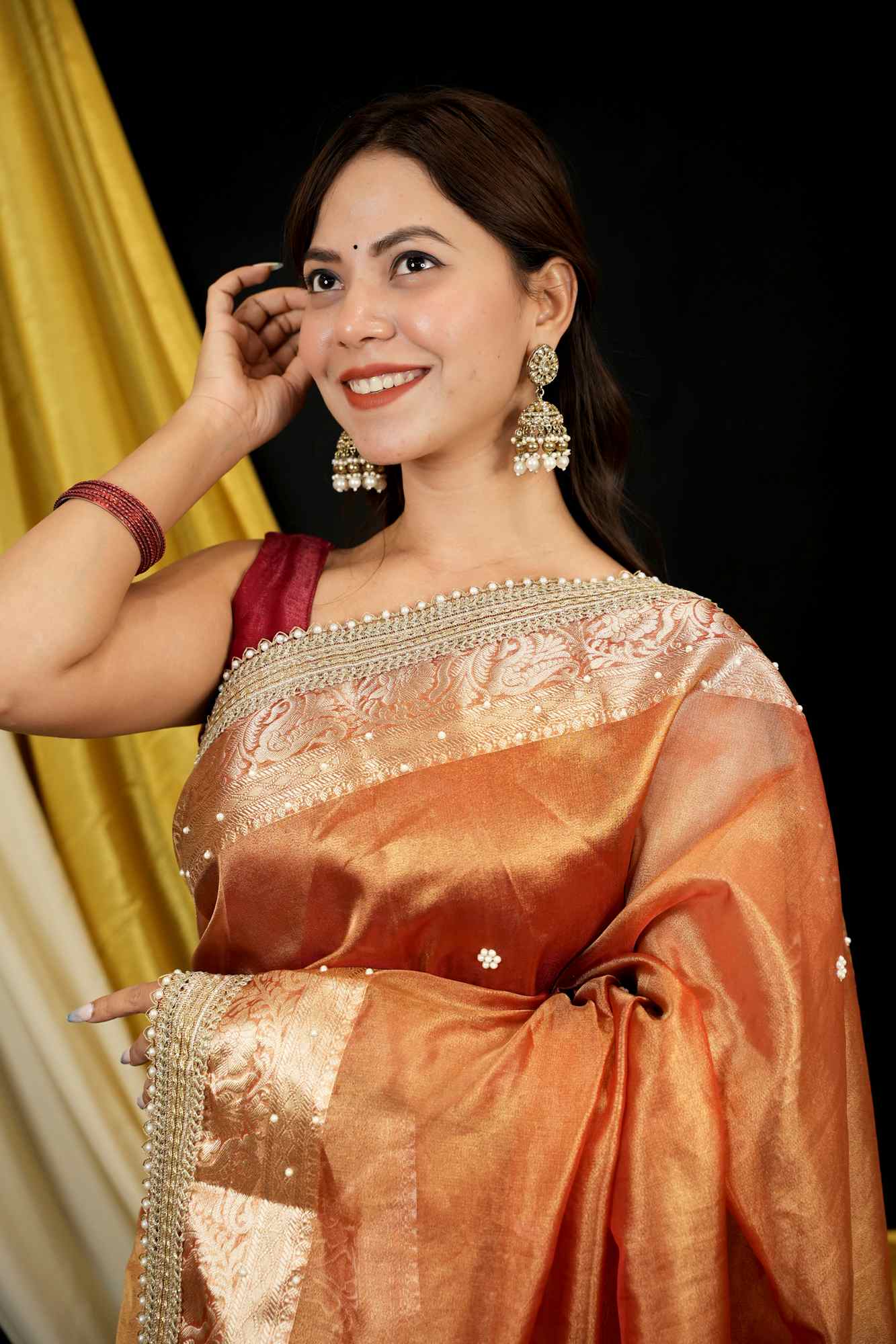 Banarasi Tissue Silk All Over Stone Work With Stone Touch Border And Pallu Ready To Wear Saree