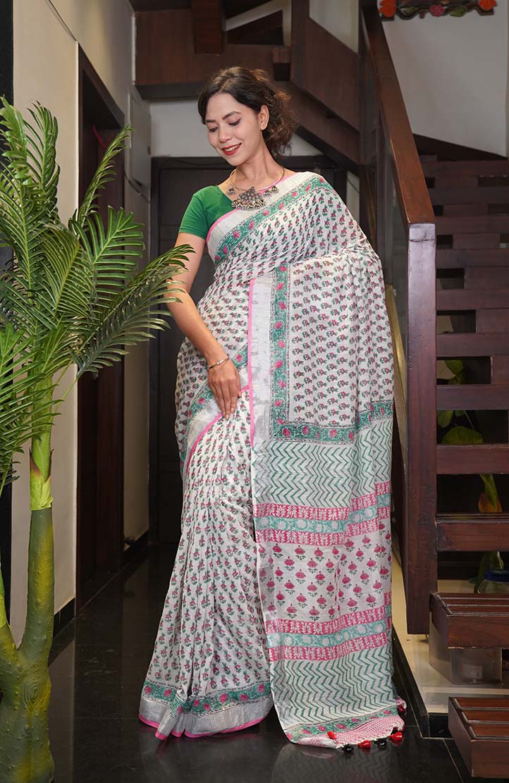 Ready To Wear Jaipuri Sanganeri Print Cotton Linen With Tassels Wrap in one minute saree