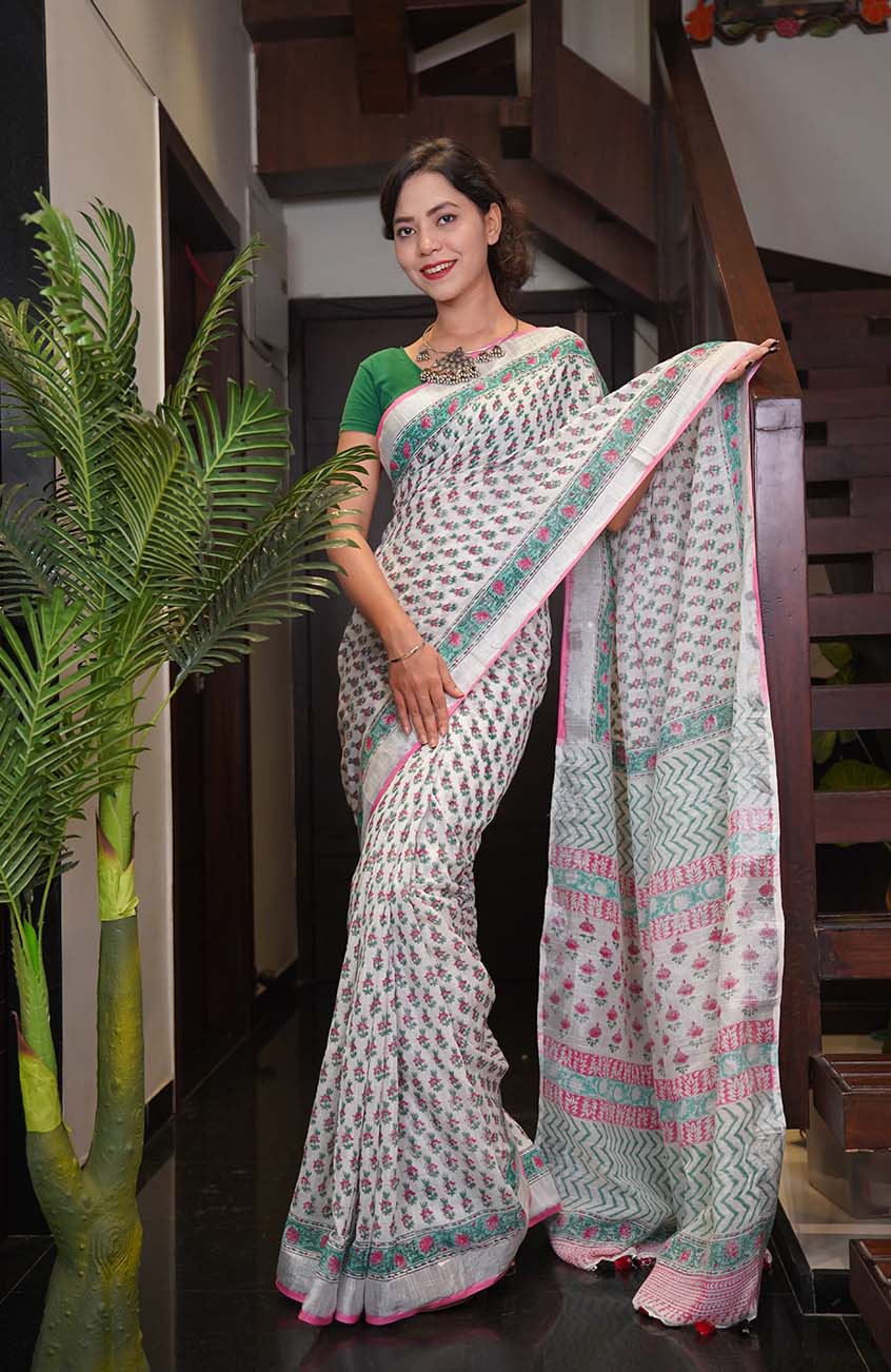 Khaki Green And Pink Chiffon Sequins Border Jaipuri Embroidered Blouse Saree  | Saree designs, Chiffon saree, Embroidered blouse saree