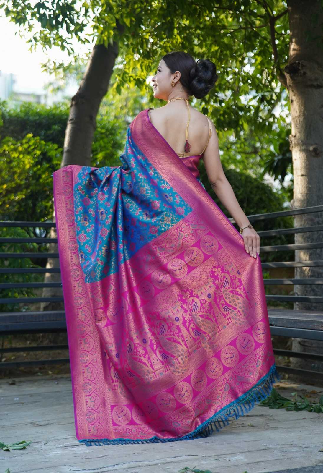 Rich Teal With Contrast Brocade Border  Overall Patola Woven Ready To Wear Saree