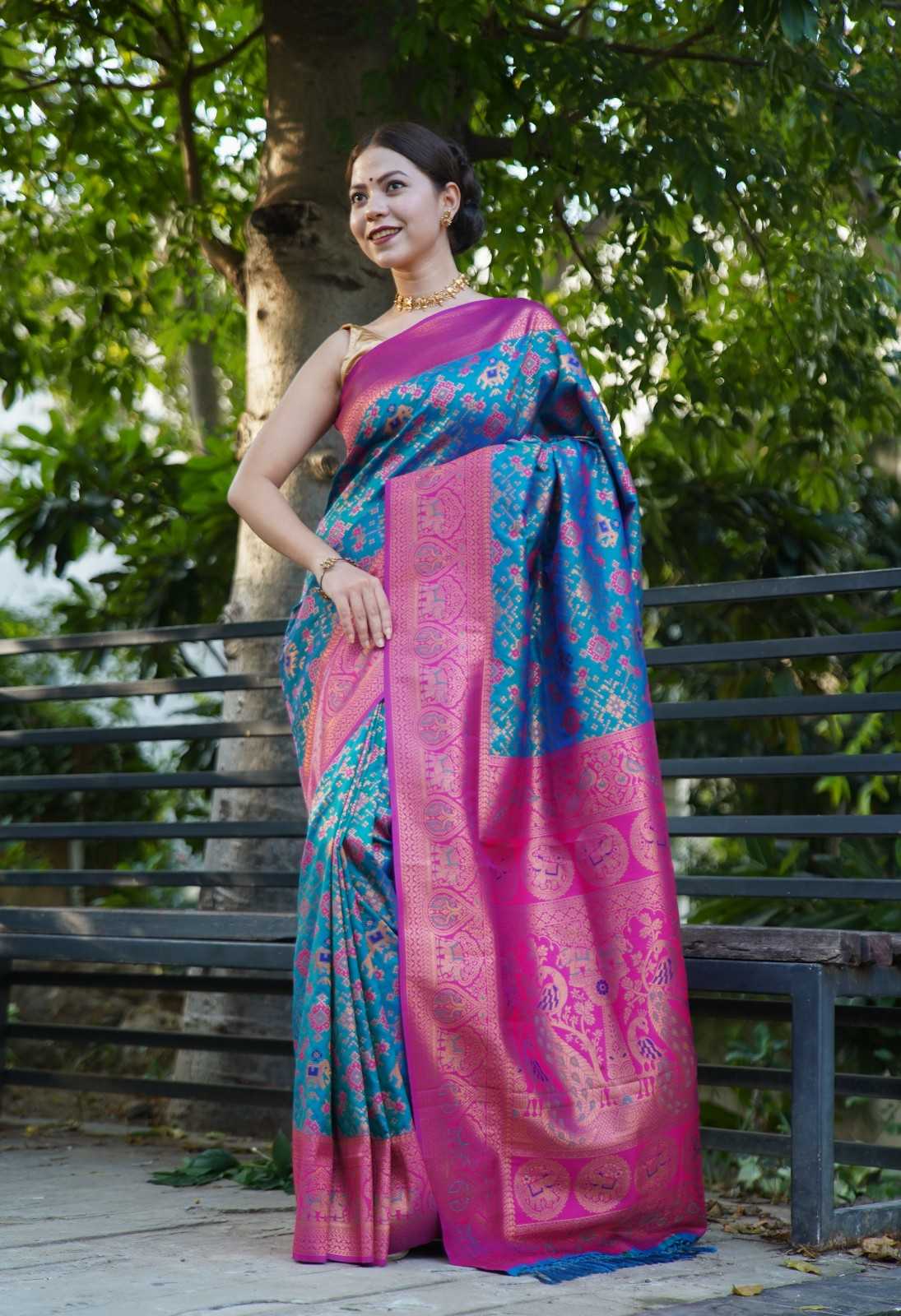 Rich Teal With Contrast Brocade Border  Overall Patola Woven Ready To Wear Saree