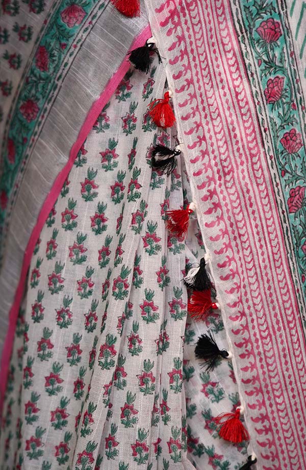Ready To Wear Jaipuri Sanganeri Print Cotton Linen With Tassels Wrap in one minute saree
