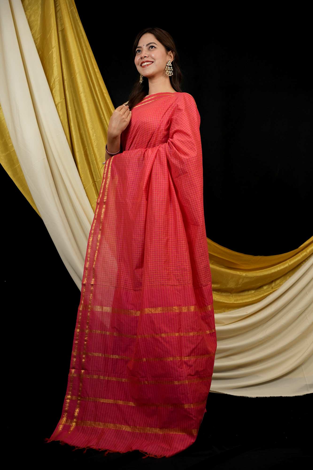 Cotton with All Over Checked Weave & Border Ready To Wear Saree