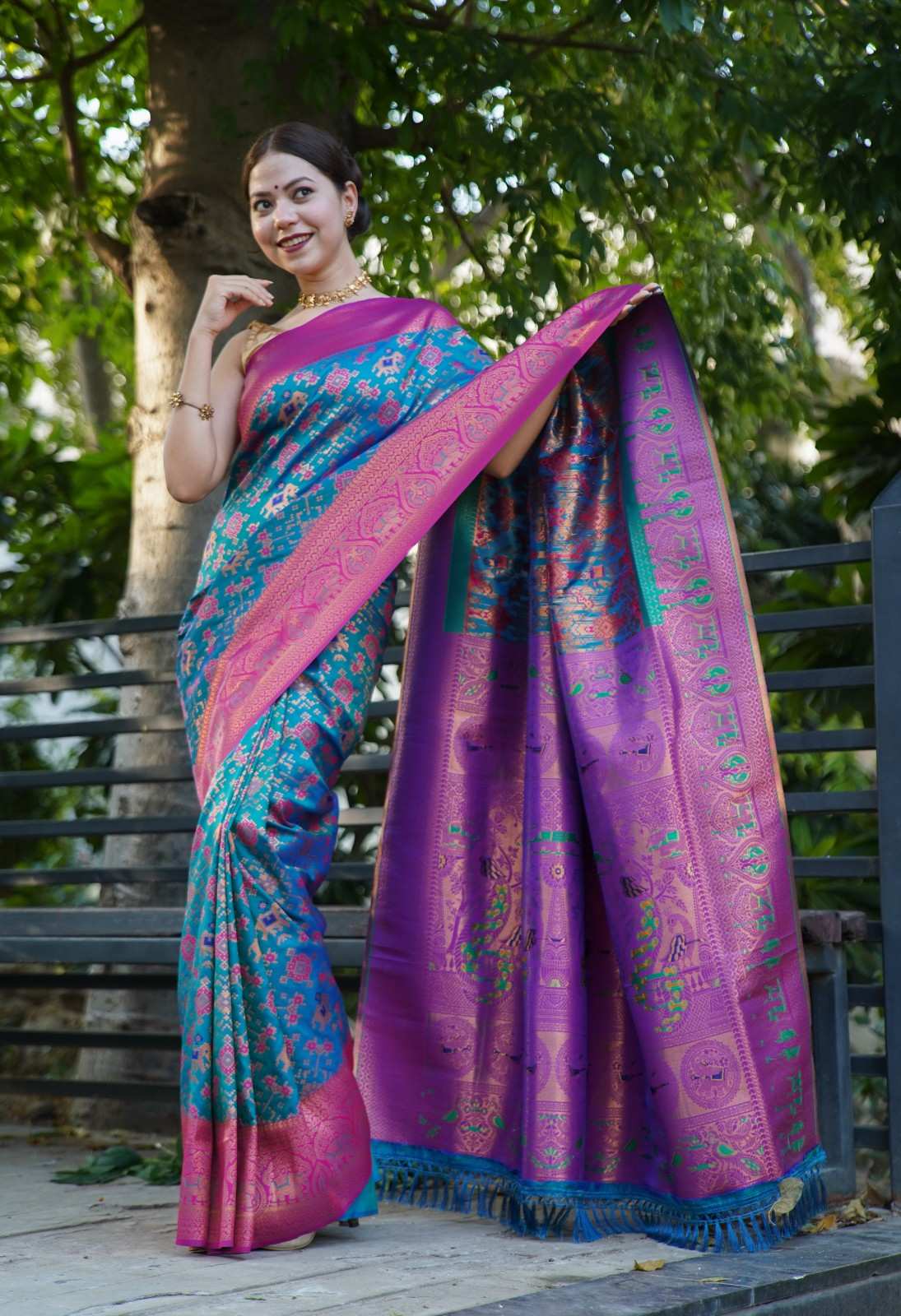 Rich Teal With Contrast Brocade Border  Overall Patola Woven Ready To Wear Saree