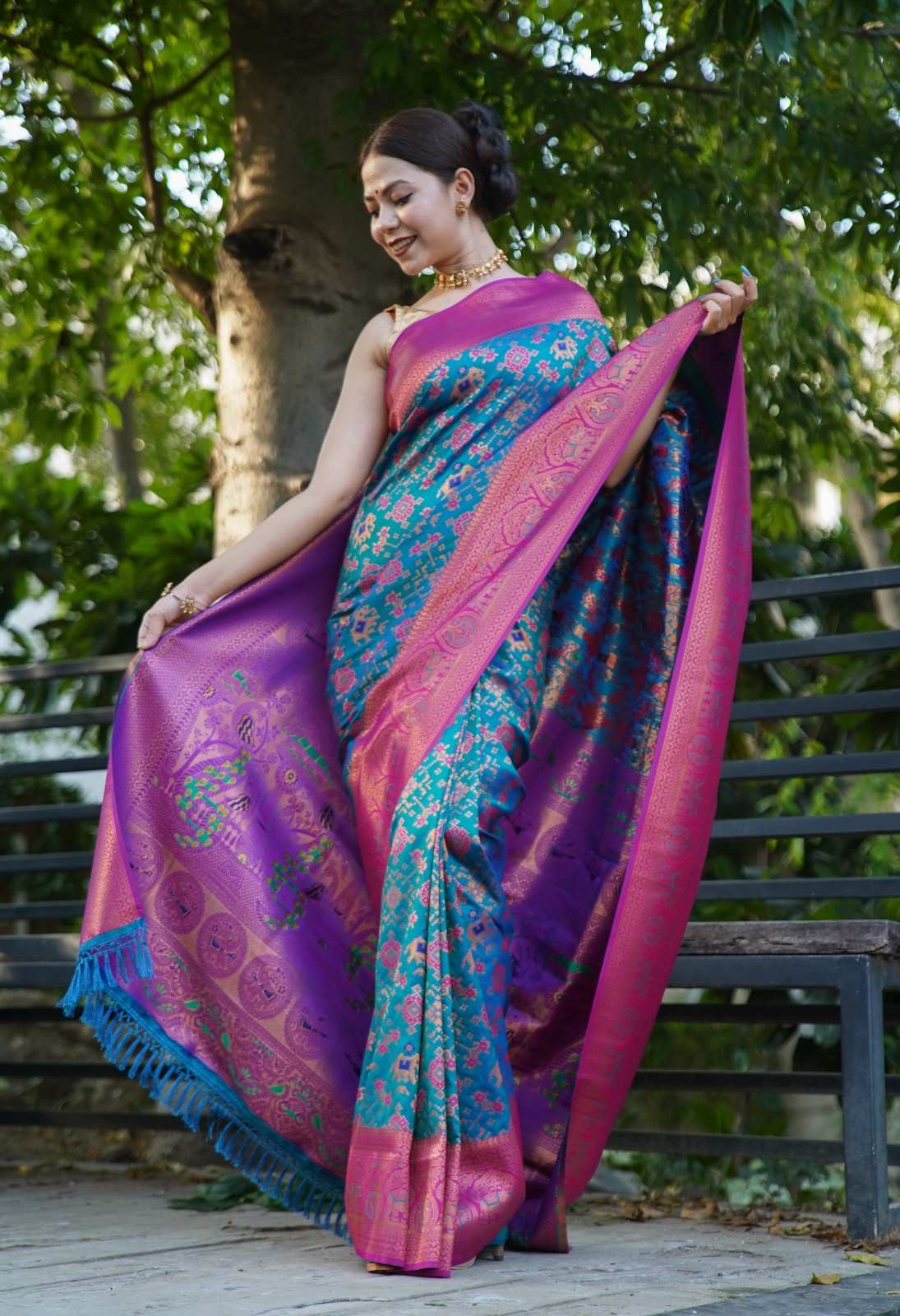 Rich Teal With Contrast Brocade Border  Overall Patola Woven Ready To Wear Saree