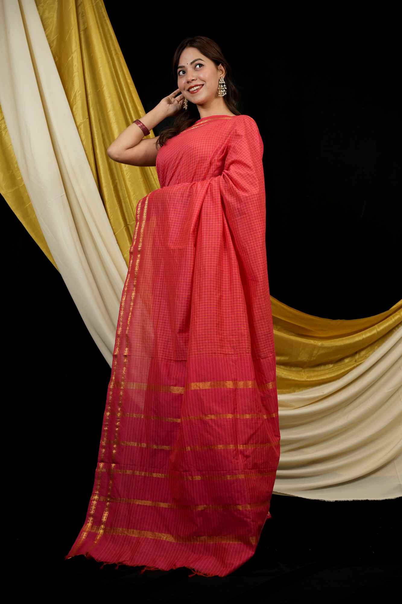 Cotton with All Over Checked Weave & Border Ready To Wear Saree