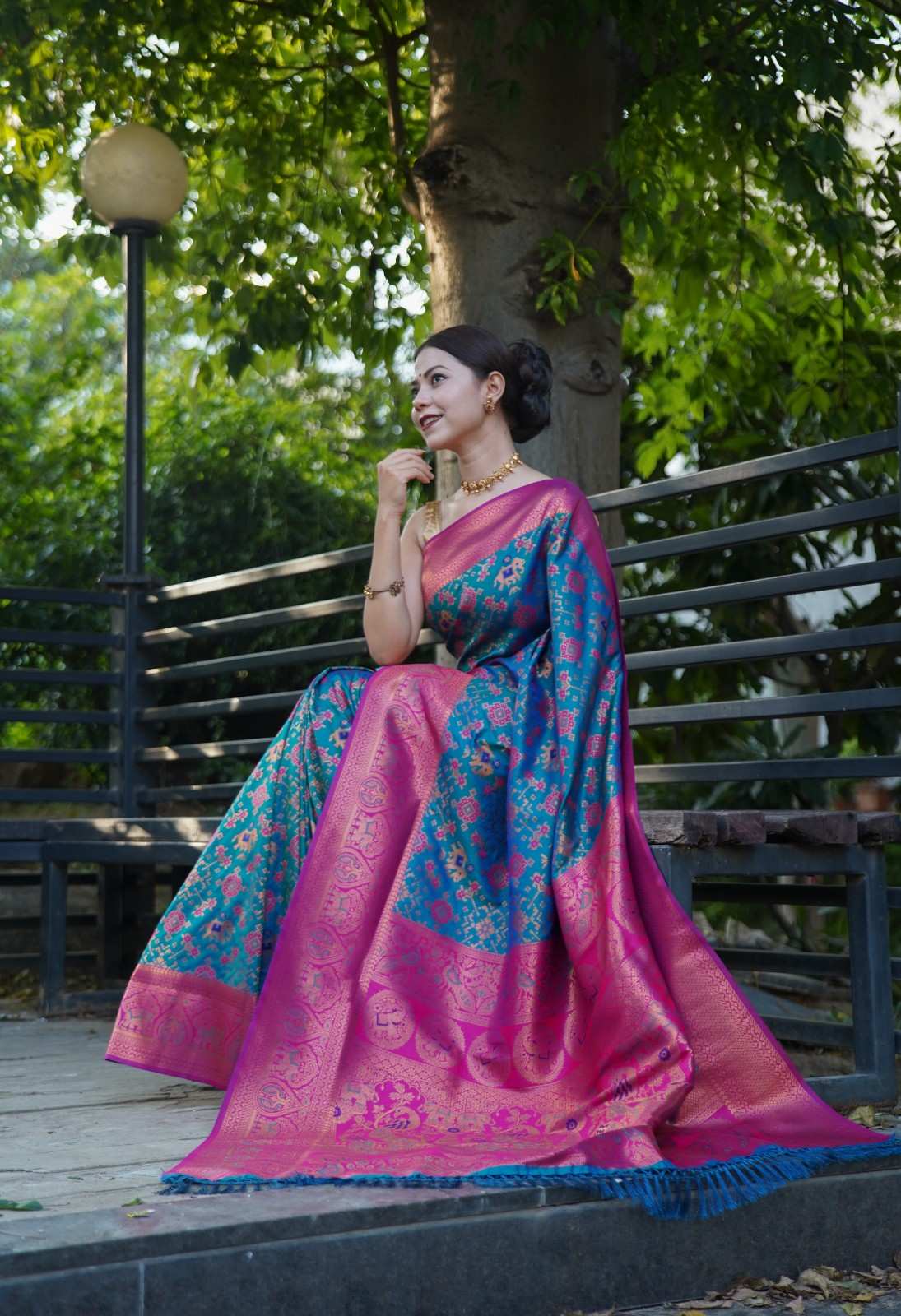 Rich Teal With Contrast Brocade Border  Overall Patola Woven Ready To Wear Saree