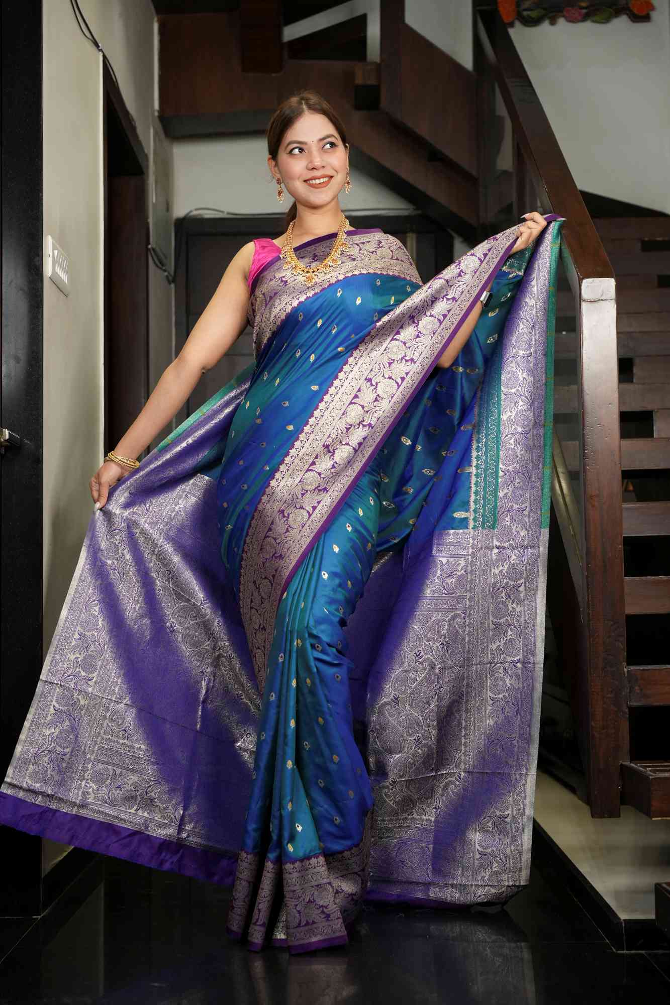 Uttar Dakshin milap - kanchi woven with banarasi buta weave prestitched saree