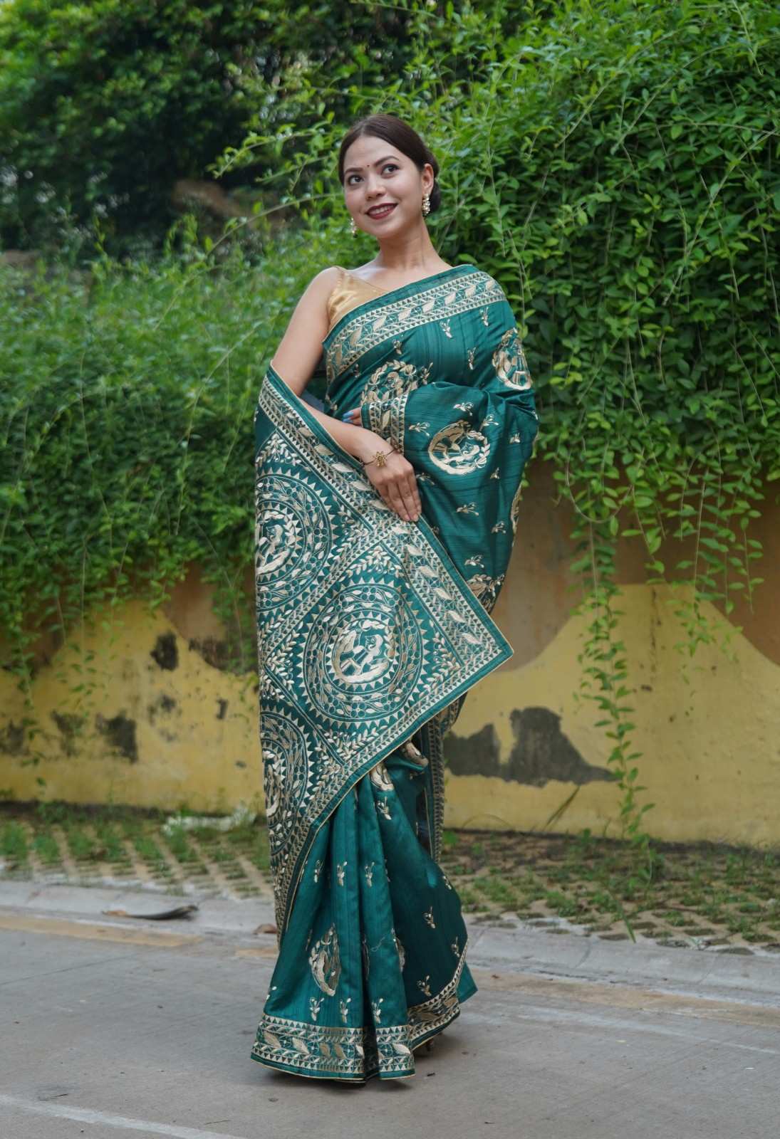 Premium Tribal Resham Thread Embroidered  Kosa Silk with Ornate  Pallu Wrap in 1 minute saree