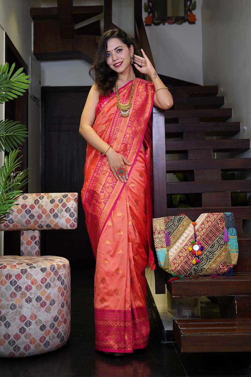 Beautiful Red Orange  Dhoop chaanv banarasi With ornate border and Pallu Wrap in one minute saree