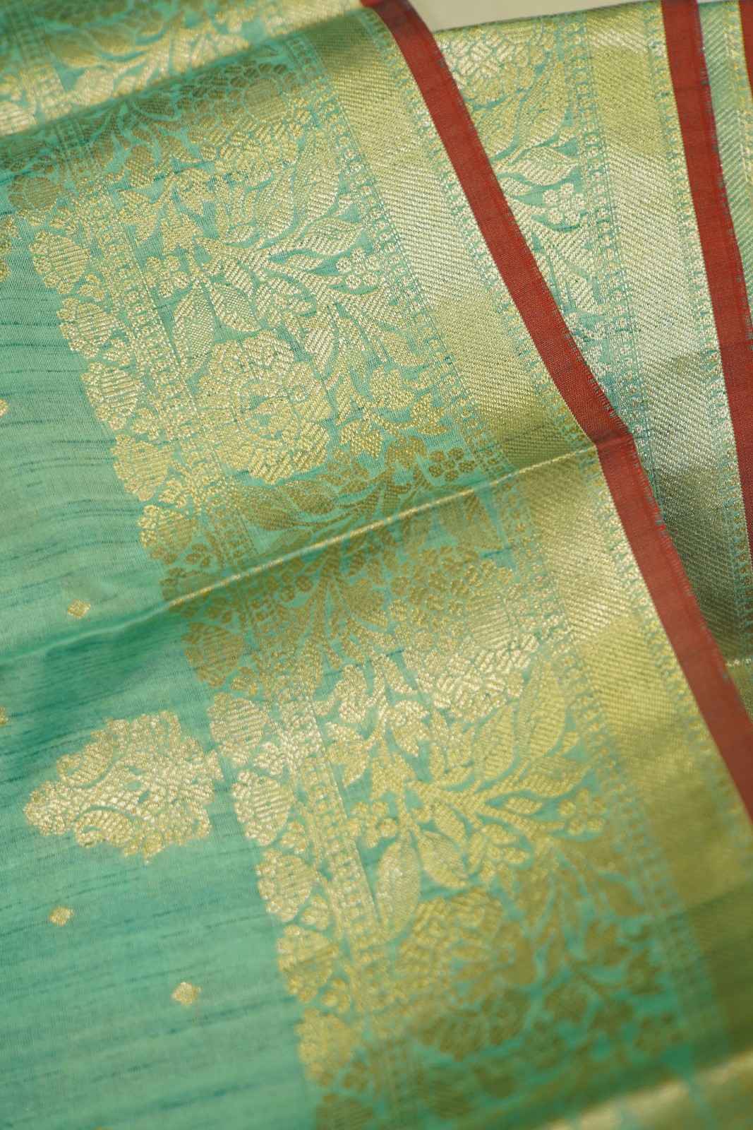 Pista Green Kanjivaram With Golden Zari Border & Overall Butta Work Wrap in 1 minute saree