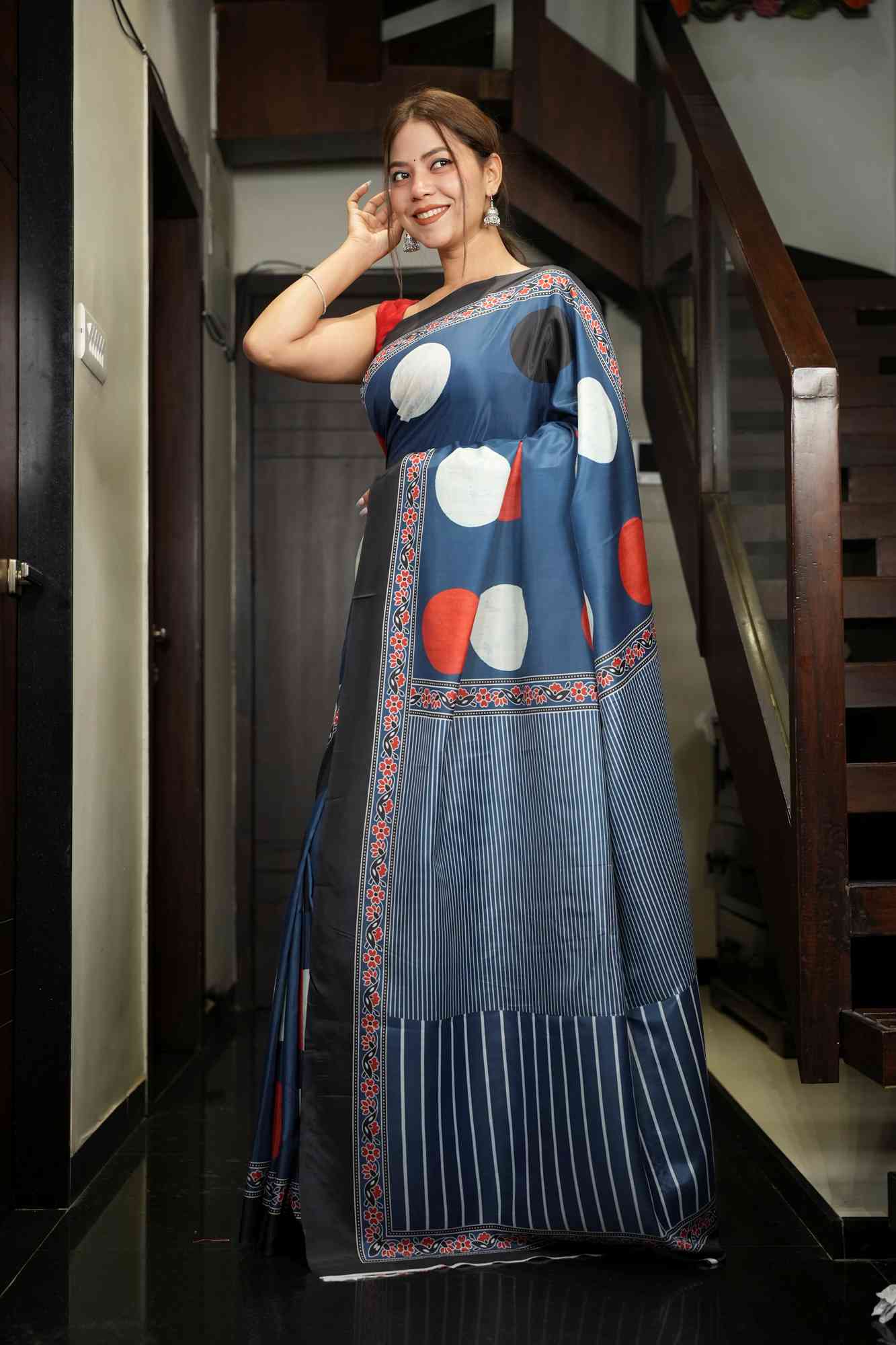 Everyday Luxe Crepe Silk Ready-to-Wear Saree with Bold Circles & Sleek Lines