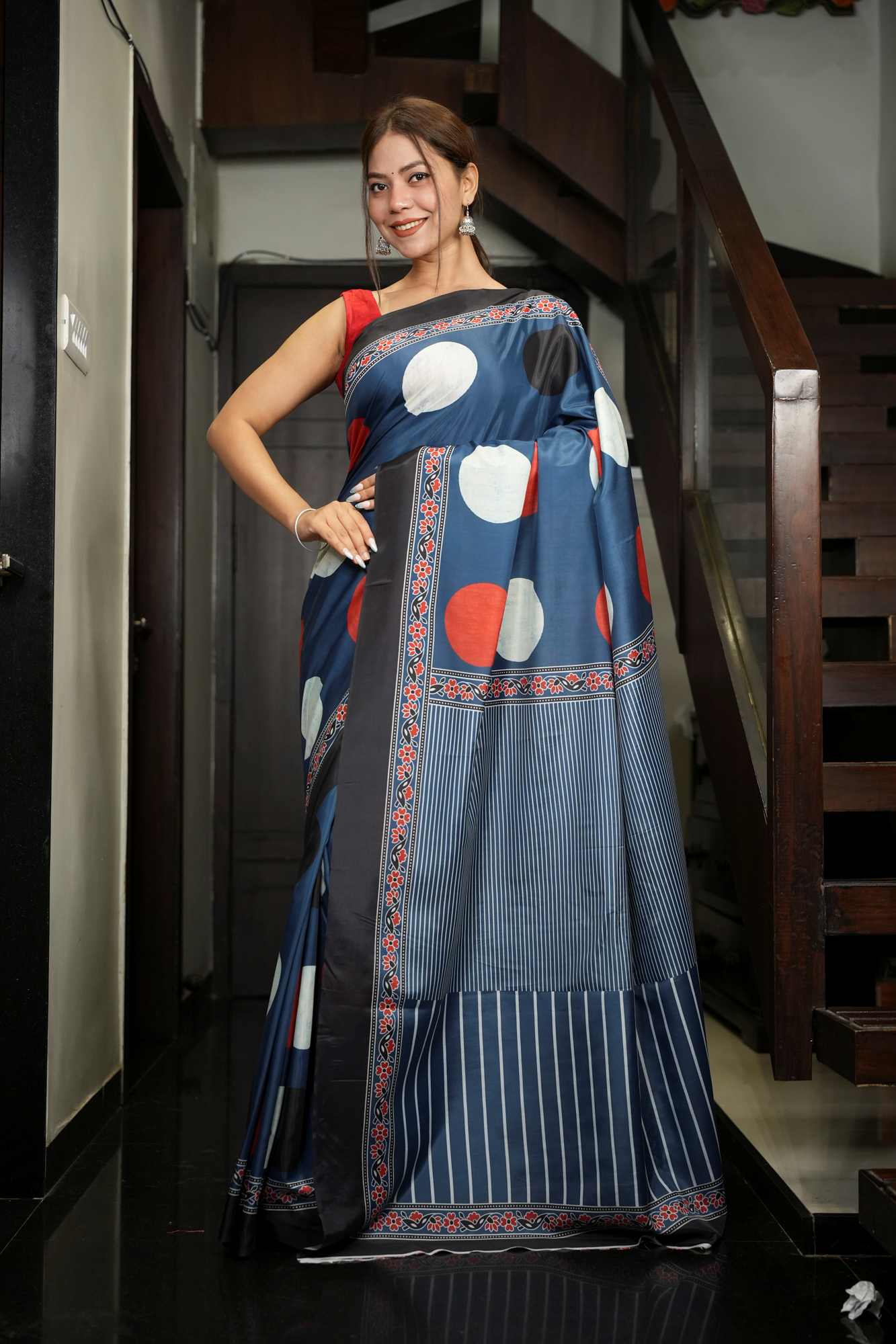 Everyday Luxe Crepe Silk Ready-to-Wear Saree with Bold Circles & Sleek Lines